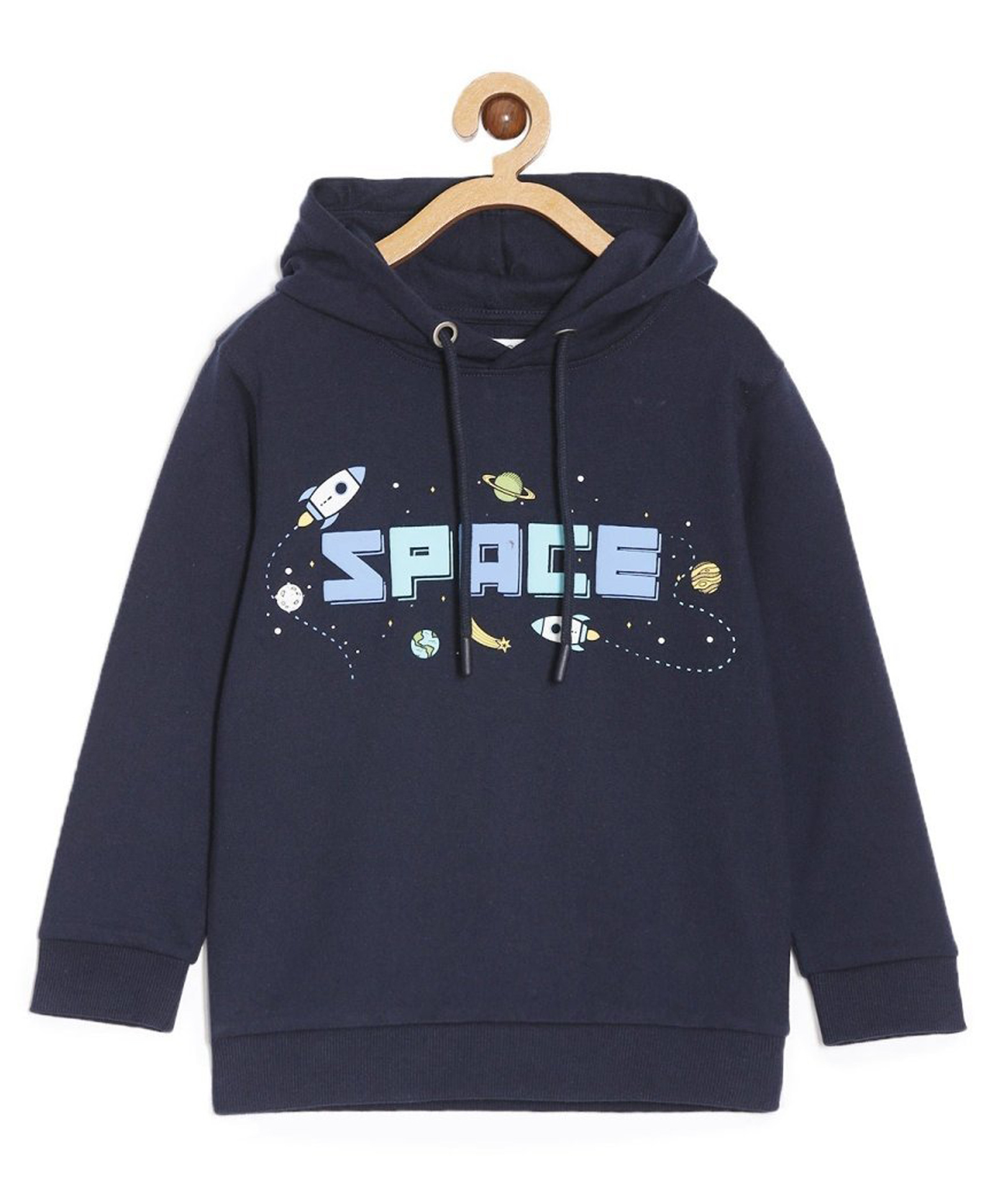 The Mom Store Cotton Knit Full Sleeves Space Theme Printed Light Winter Hooded Sweatshirt - Navy Blue-picture-11