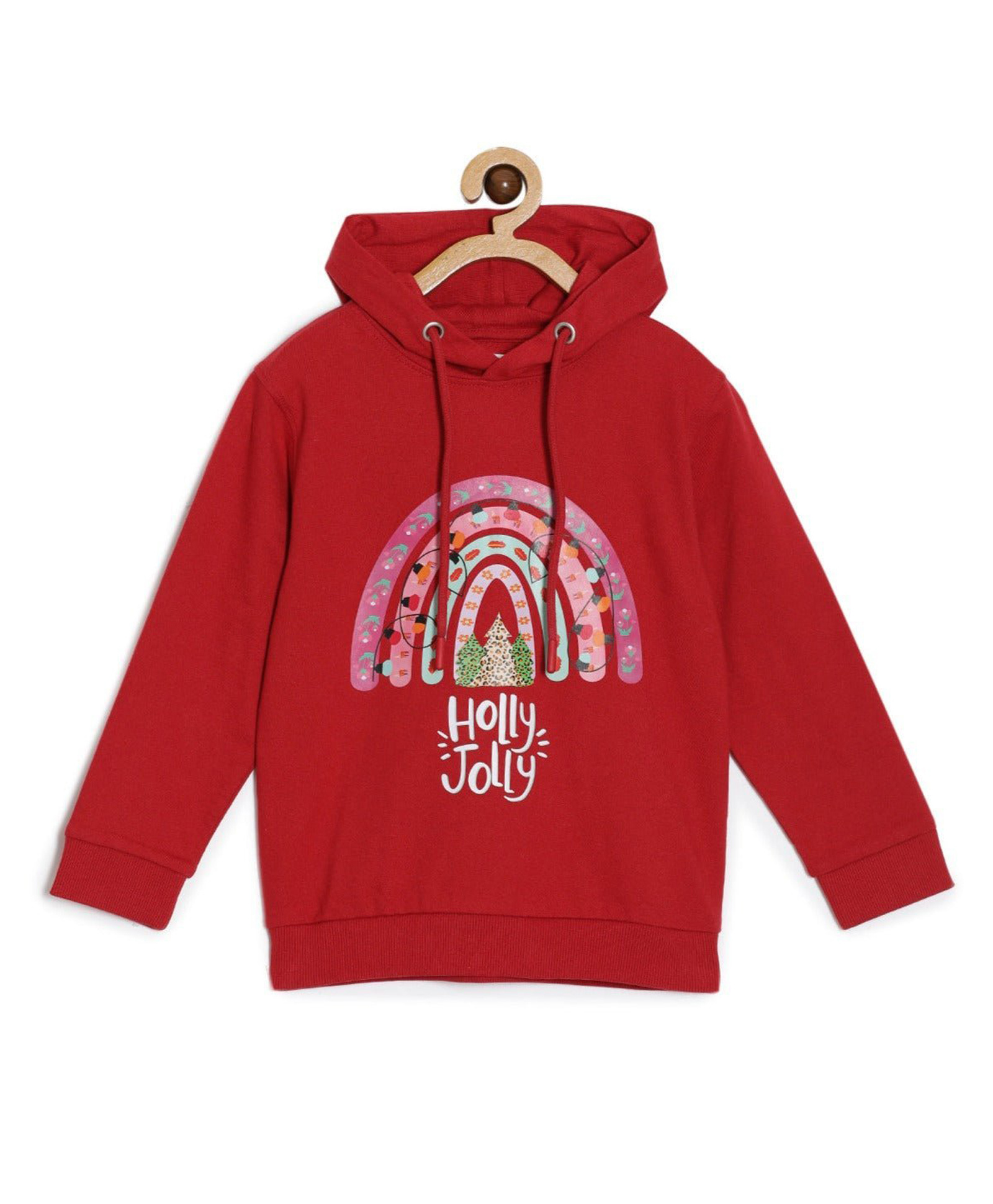 The Mom Store Christmas Theme Cotton Knit Full Sleeves Holly Jolly Text Printed Light Winter Hooded Sweatshirt - Red-picture-49