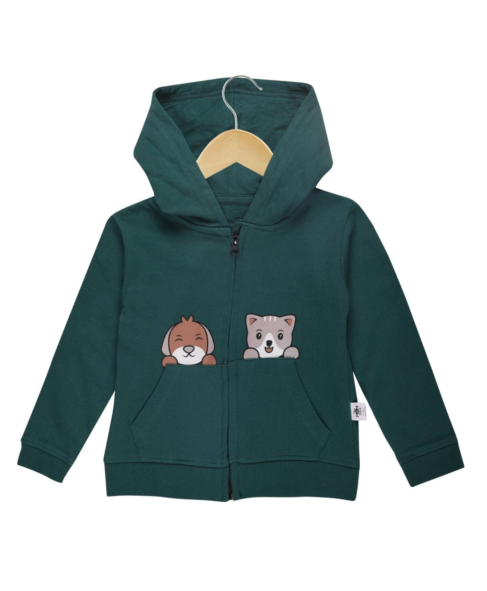 The Mom Store Cotton Knit Full Sleeves Puppies Printed Light Winter Hooded Jacket - Green-image-46