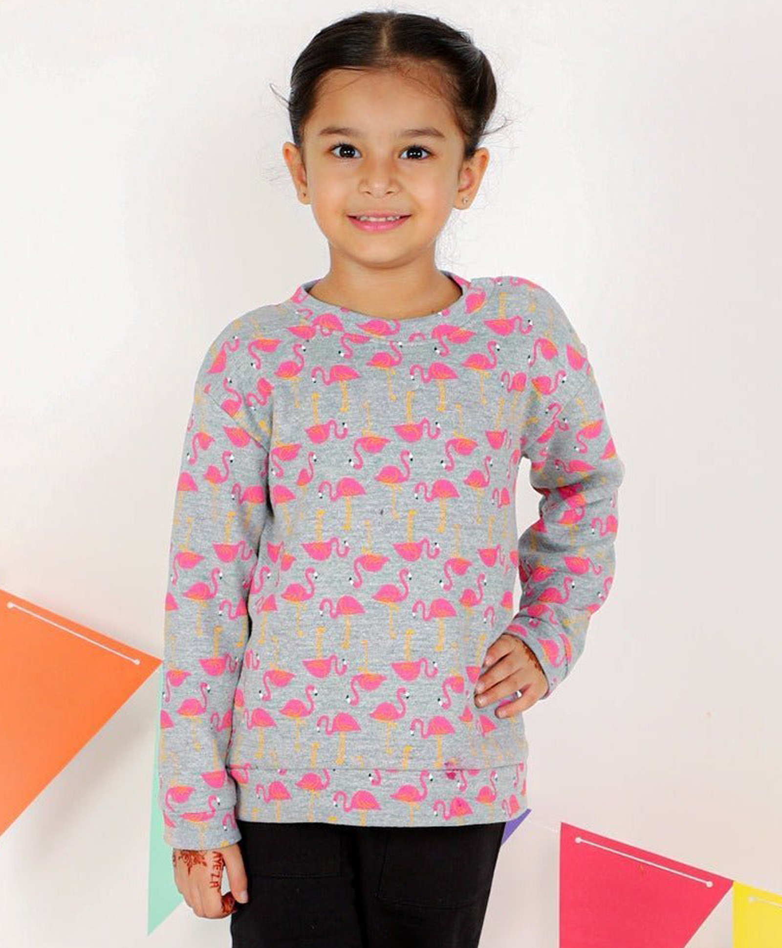 The Mom Store Cotton Knit Full Sleeves Flamingo Printed Light Winter Sweatshirt - Grey-picture-29