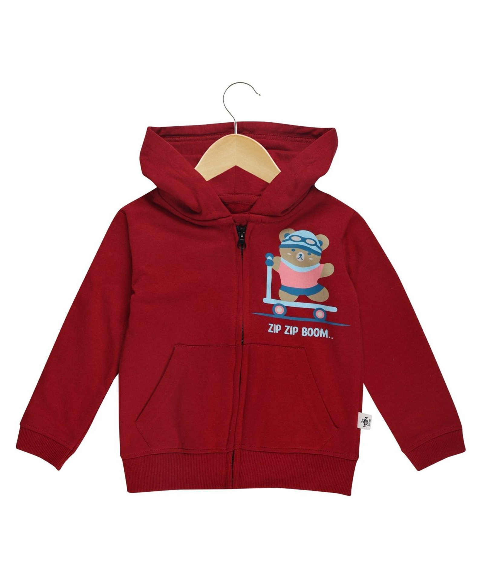 The Mom Store Cotton Knit Full Sleeves Scooter Bear Printed Light Winter Hooded Jacket - Maroon-picture-23