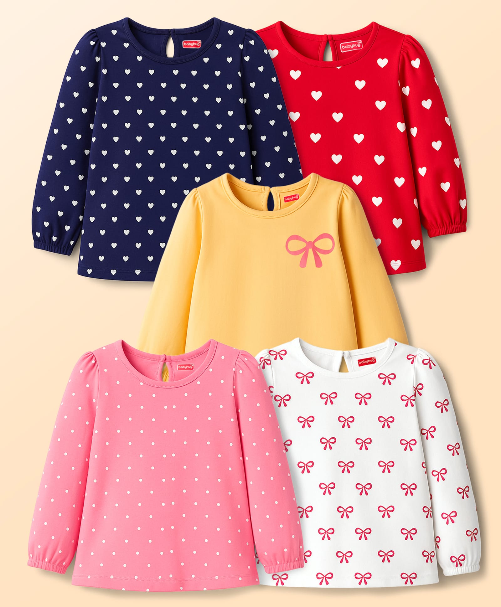 Babyhug 100 % Cotton Knit Full Sleeves T-Shirts with Heart Bow & Polka Dot Print Pack of 5 - Pink White & Navy Blue-image-41
