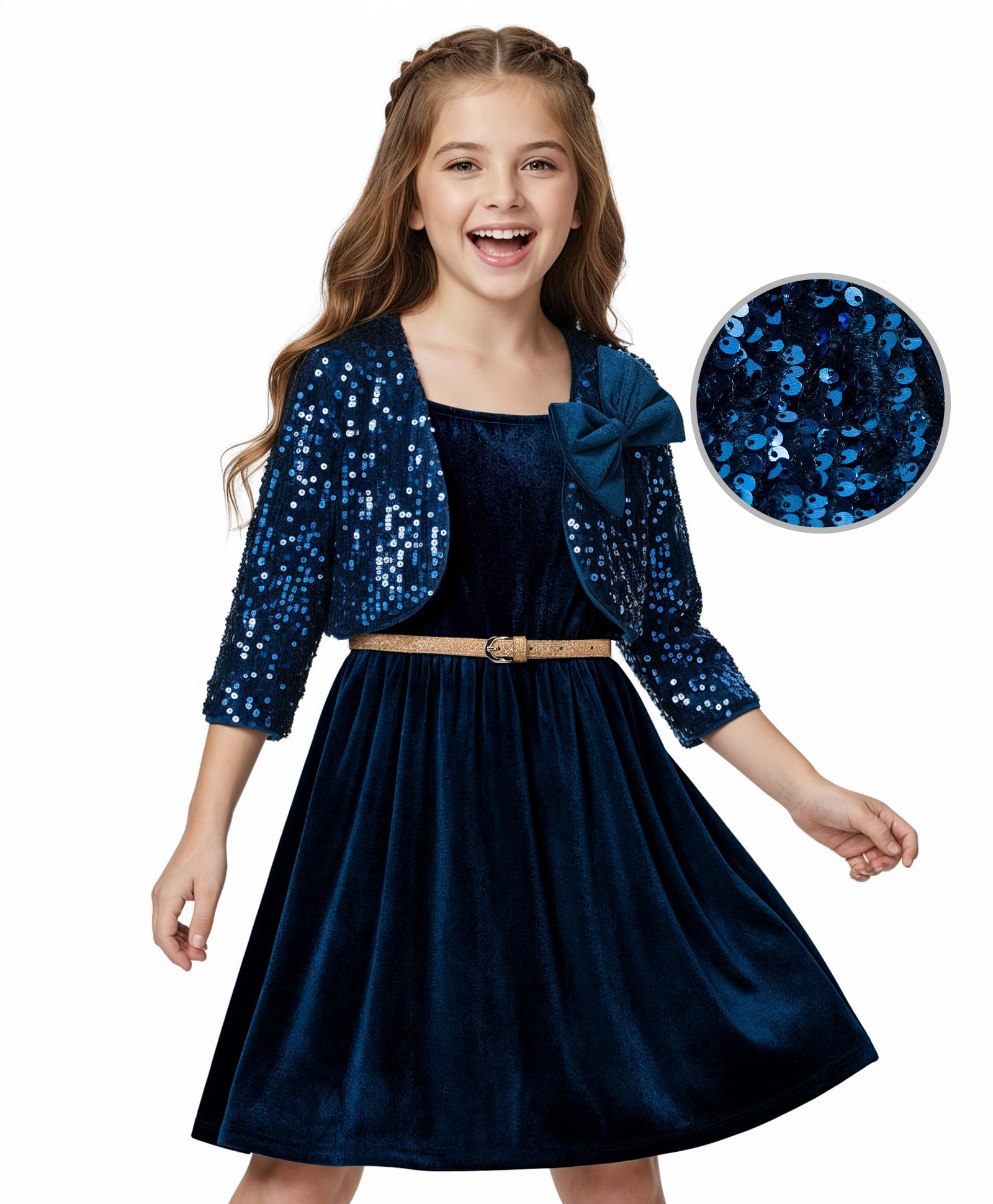 Hola Bonita Knit Three Fourth Sleeves Dress With Sequin Detailing Jacket & Belt - Navy Blue-image-14