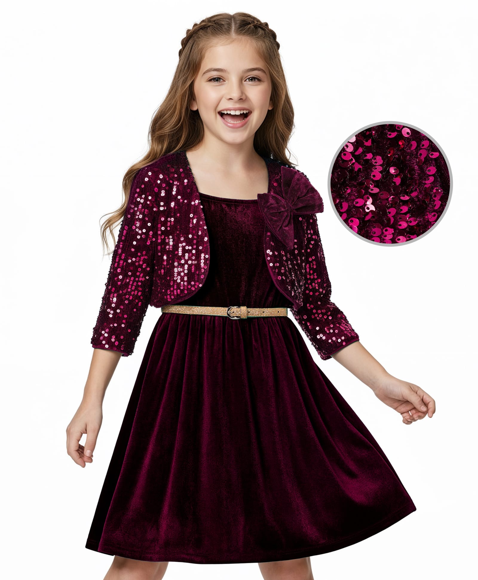 Hola Bonita Knit Three Fourth Sleeves Sequinned Shrug & Velvet Party Dress With Bow Applique & Belt - Wine-image-42