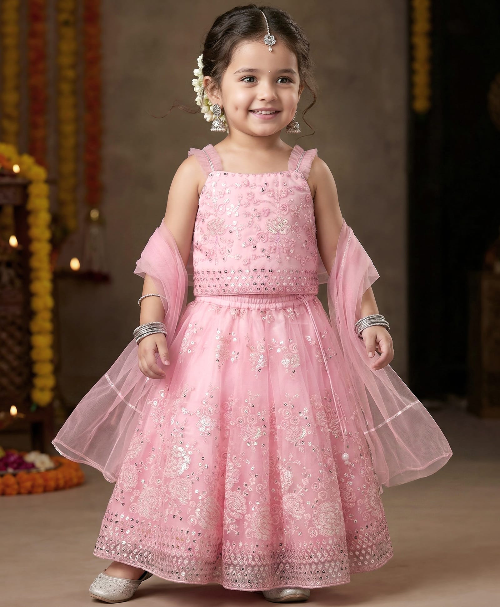 Babyhug Woven Sleeveless Mesh Choli Lehenga Set Dupatta Embroidery & Sequin Detailing - Pink-image-37