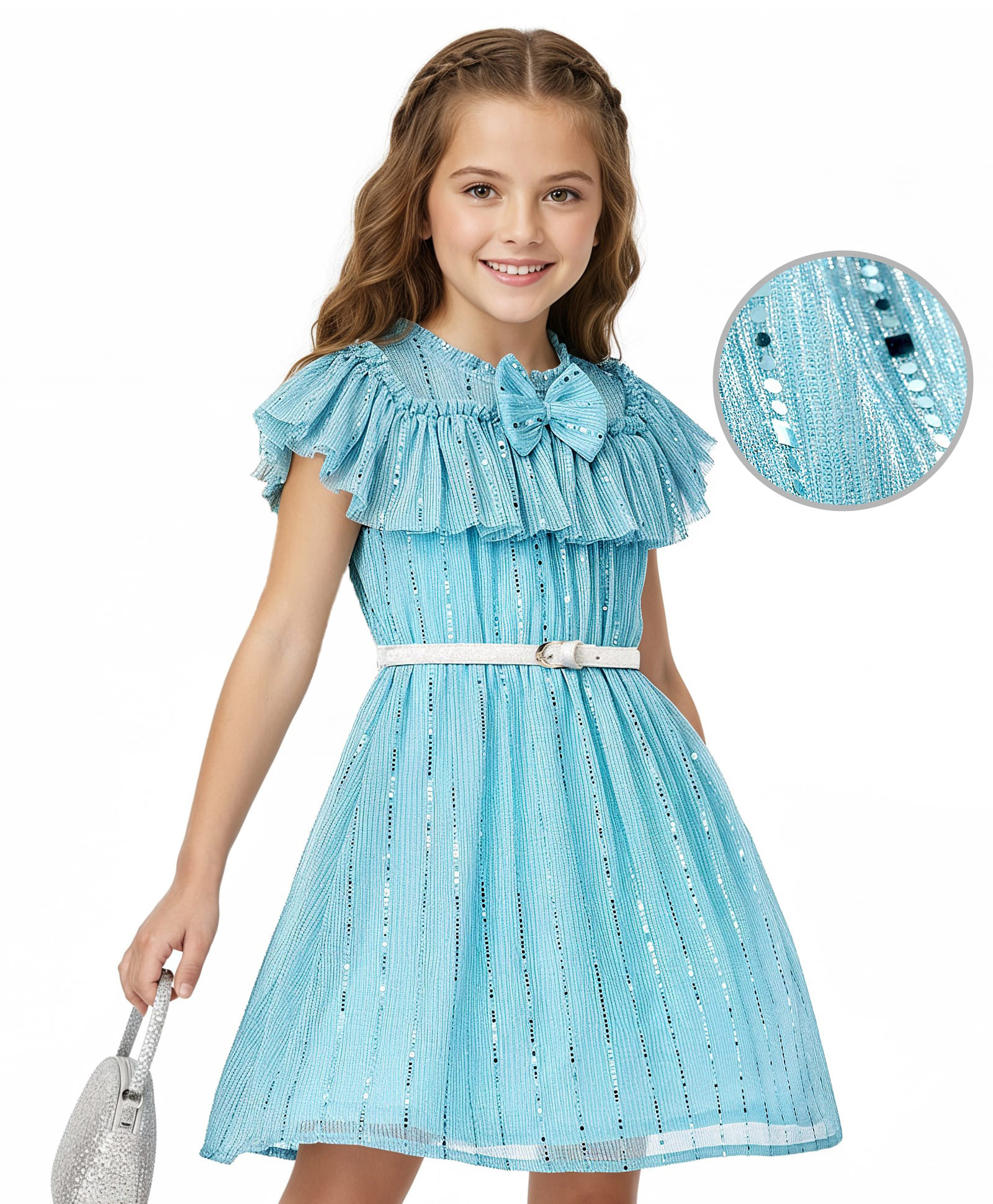 Hola Bonita Knit Frill Sleeves Party Dress with Belt Bow Applique & Sequin Detailing - Light Blue-image-36