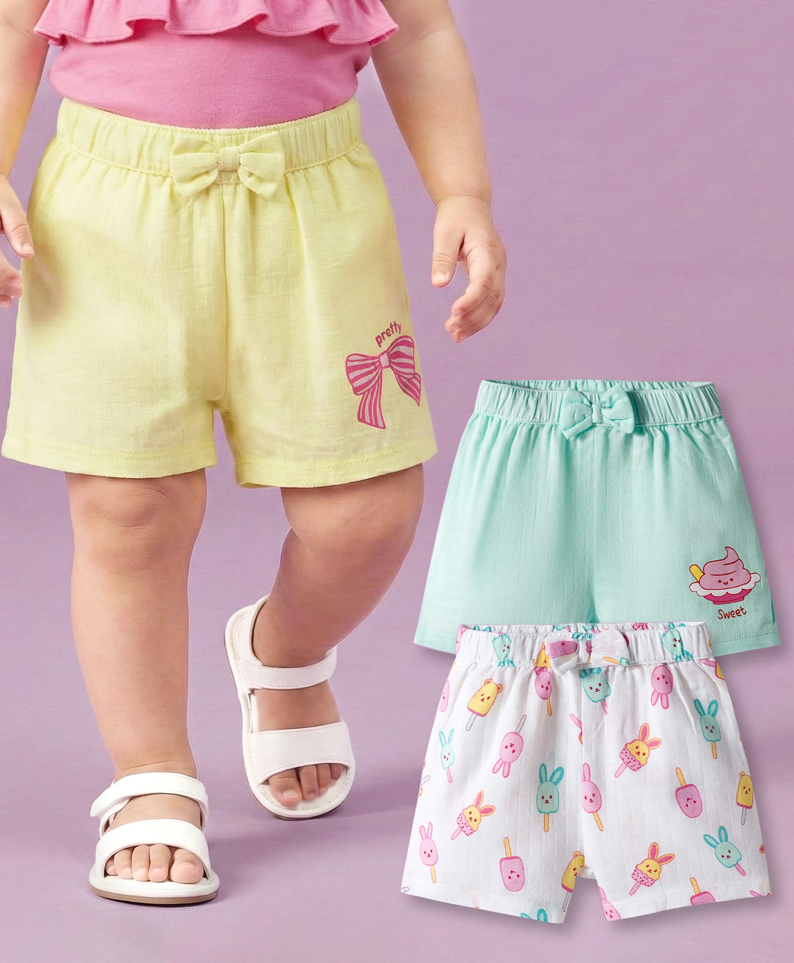 Babyoye Muslin Woven Shorts With Eco Jiva Finish & Animal Print Pack Of 3 - White Aqua & Yellow-picture-22