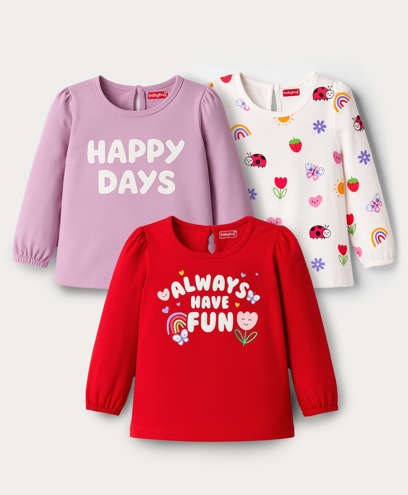 Babyhug 100 % Cotton Knit Full Sleeves T-Shirt with Tropical & Happy Days Text Print Pack of 3 - Red White & Lilac-image-4