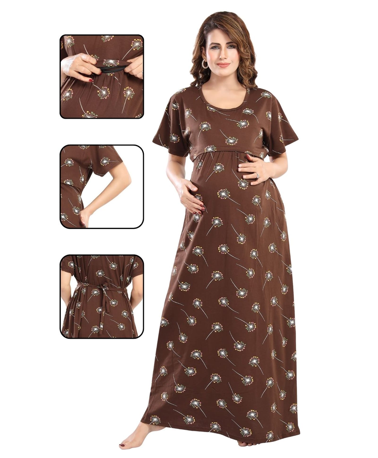Fabme Pure Cotton Woven Half Sleeves Dadelions Printed Maternity Night Dress With Concealed Zipper Nursing Access - Brown-image-42