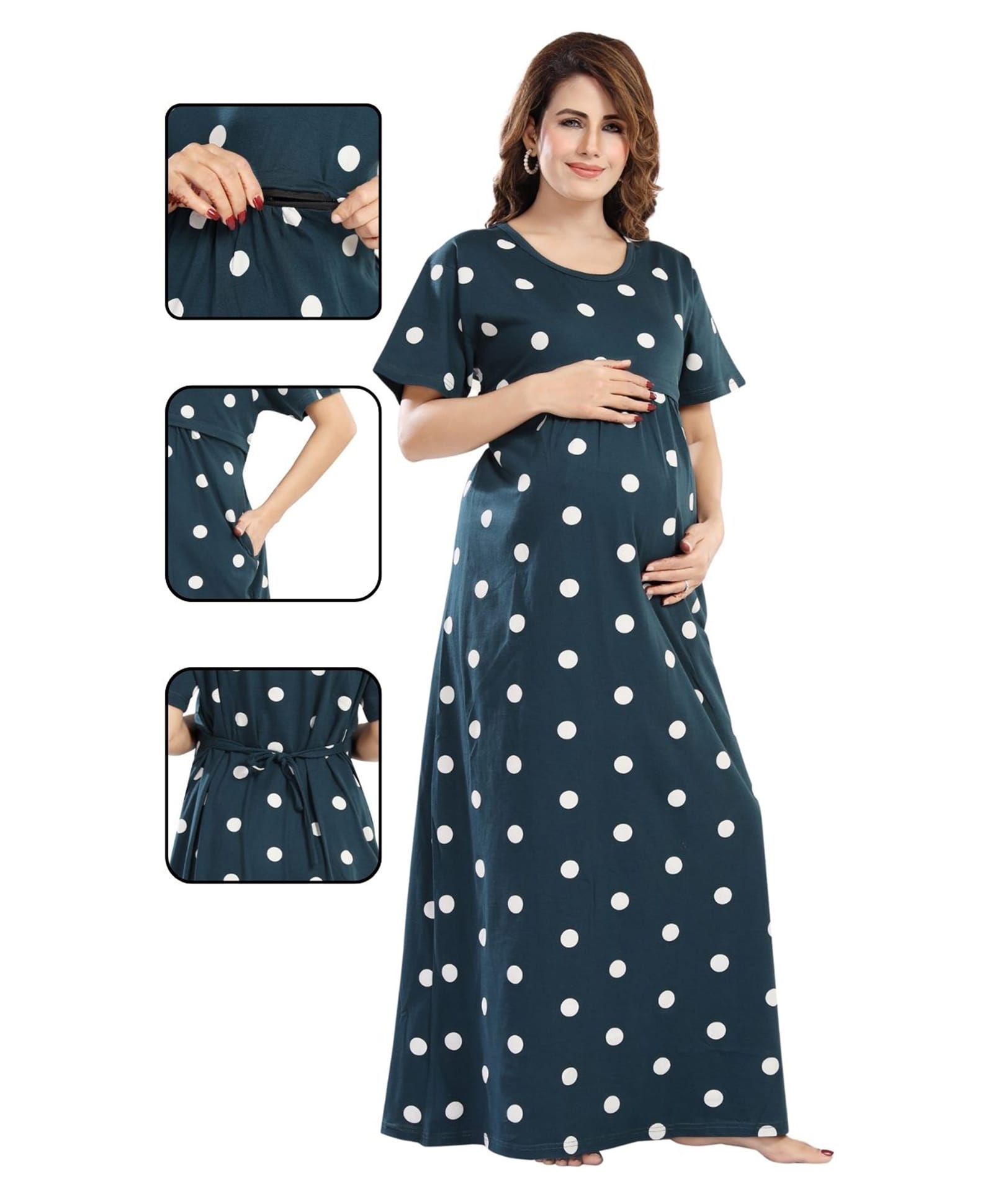 Fabme Pure Cotton Woven Half Sleeves Polka Dots Printed Maternity Night Dress With Concealed Zipper Nursing Access - Green