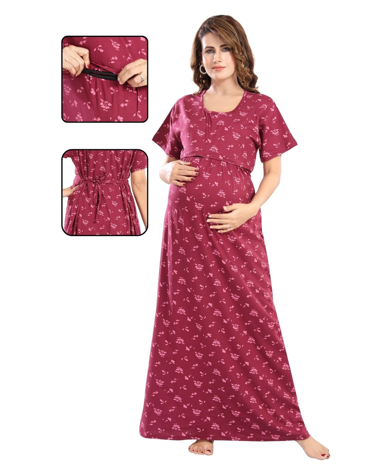 Fabme Pure Cotton Woven Half Sleeves Floral Printed Maternity Night Dress With Concealed Zipper Nursing Access - Dark Pink-image-19