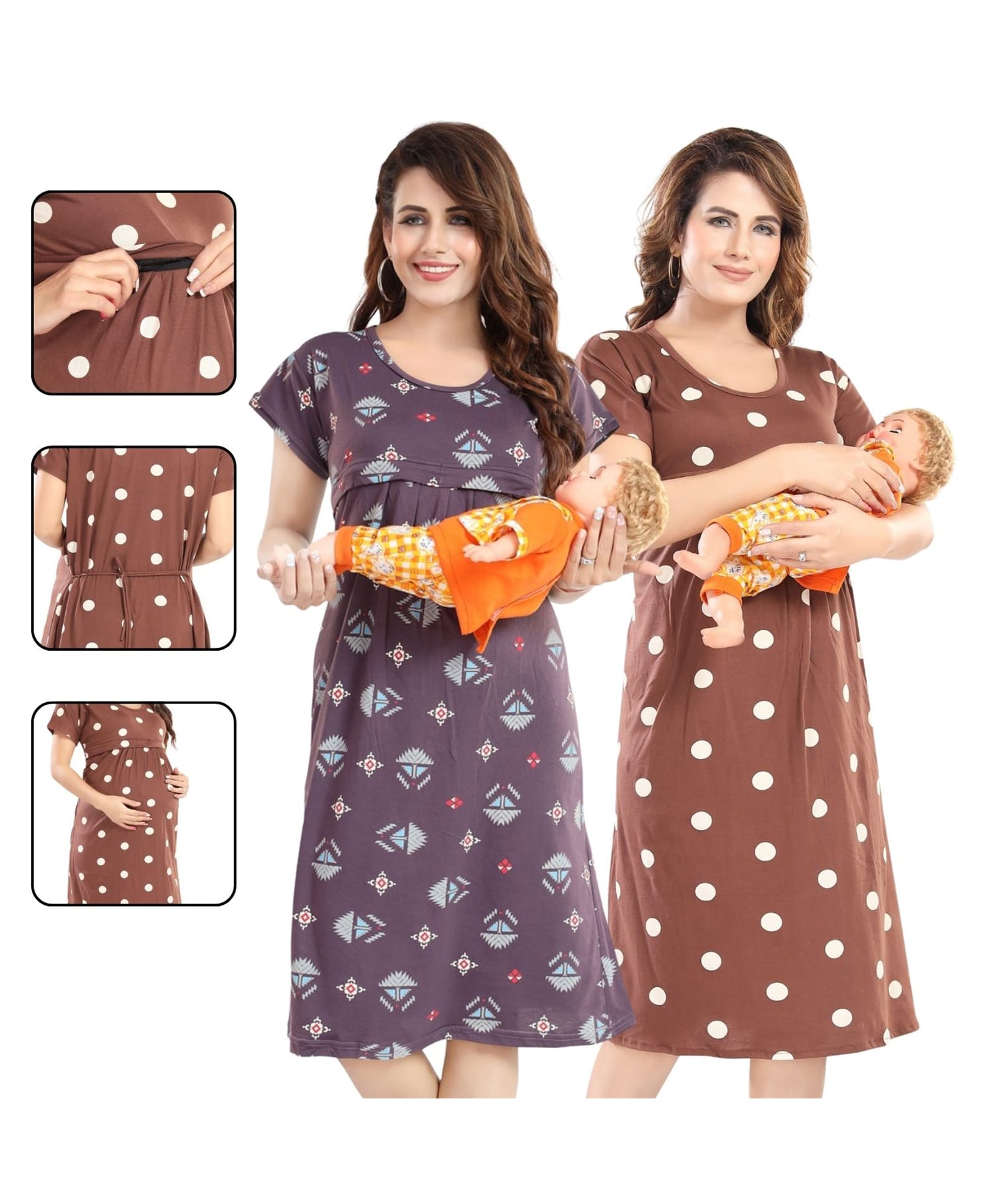 Fabme Pure Cotton Woven Pack Of 2 Half Sleeves Polka Dots Printed Maternity Night Dresses With Concealed Zipper Nursing Access - Purple & Brown-image-27