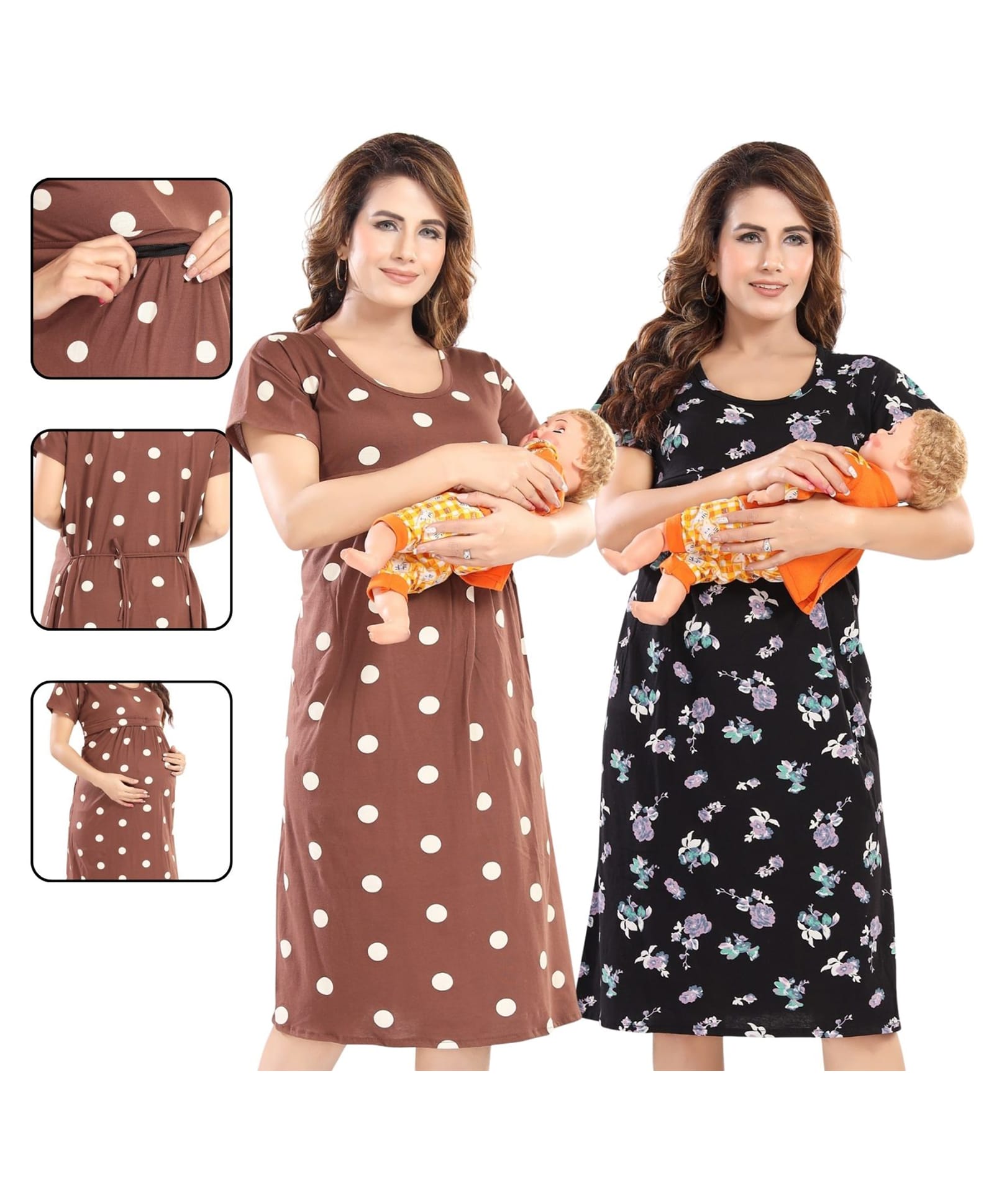Fabme Pure Cotton Woven Pack Of 2 Half Sleeves Polka Dots & Floral Printed Maternity Night Dresses Concealed Zipper Nursing Access - Brown & Black-image-45