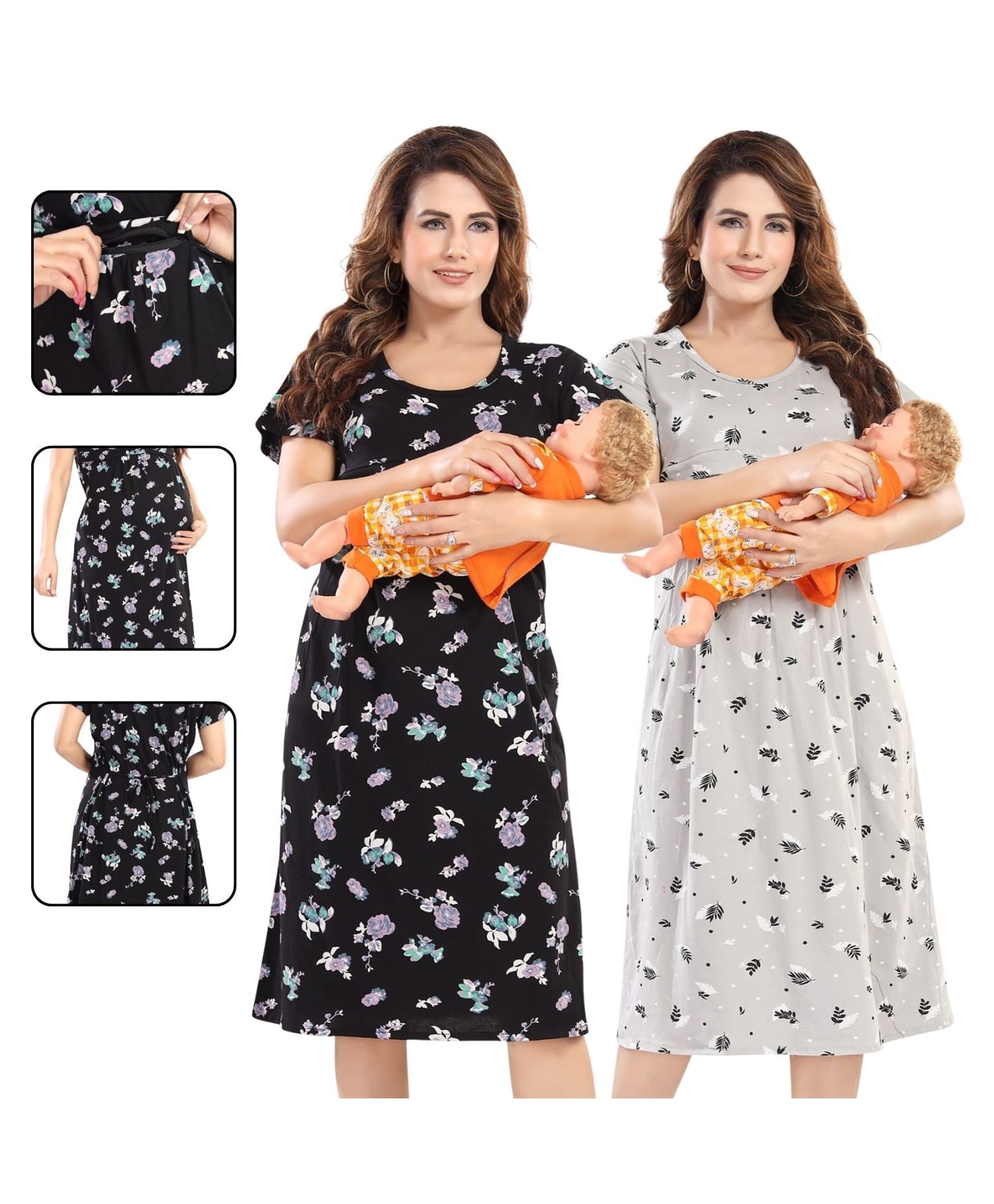 Fabme Pure Cotton Woven Pack Of 2 Half Sleeves Floral Printed Maternity Night Dresses With Concealed Zipper Nursing Access - Black & Grey-picture-12