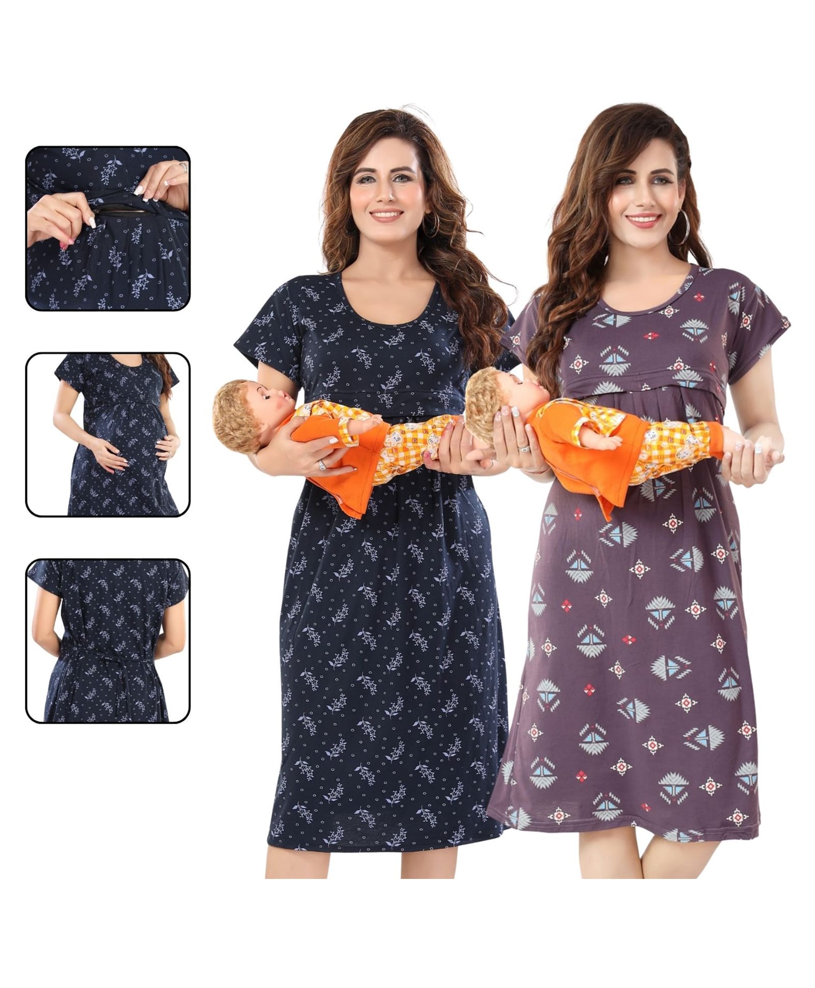 Fabme Pure Cotton Woven Pack Of 2 Half Sleeves Floral Printed Maternity Night Dresses With Concealed Zipper Nursing Access - Navy Blue & Purple