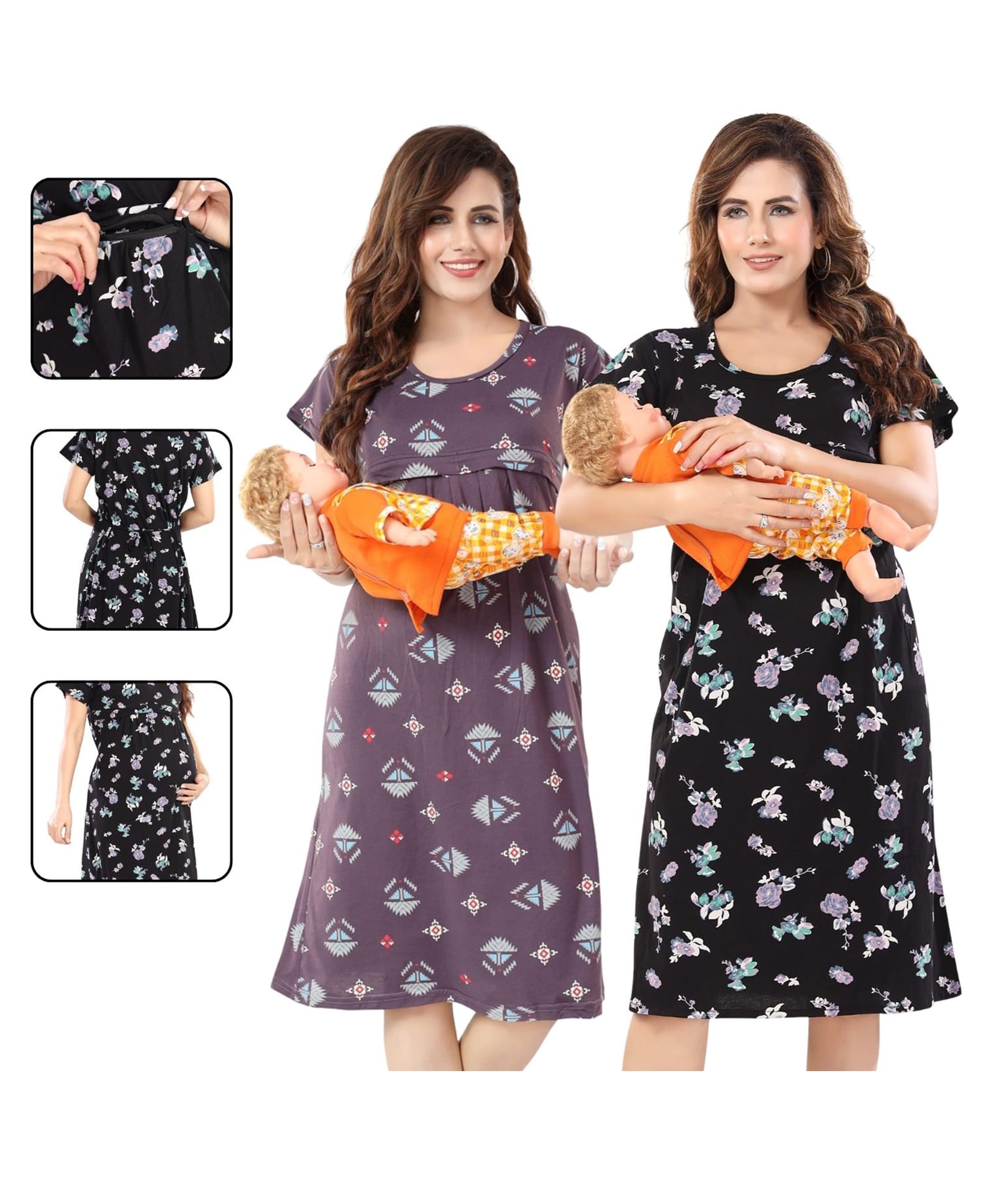 Fabme Pure Cotton Woven Pack Of 2 Half Sleeves Floral & Abstract Printed Maternity Nighty With Overlap Zipper Nursing Access - Purple & Black-picture-22