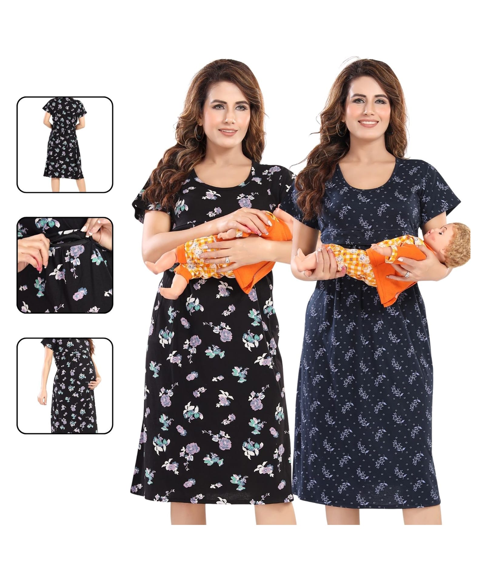 Fabme Pure Cotton Woven Pack Of 2 Half Sleeves Floral Printed Maternity Nighty With Overlap Zipper Nursing Access - Black & Navy Blue-image-35