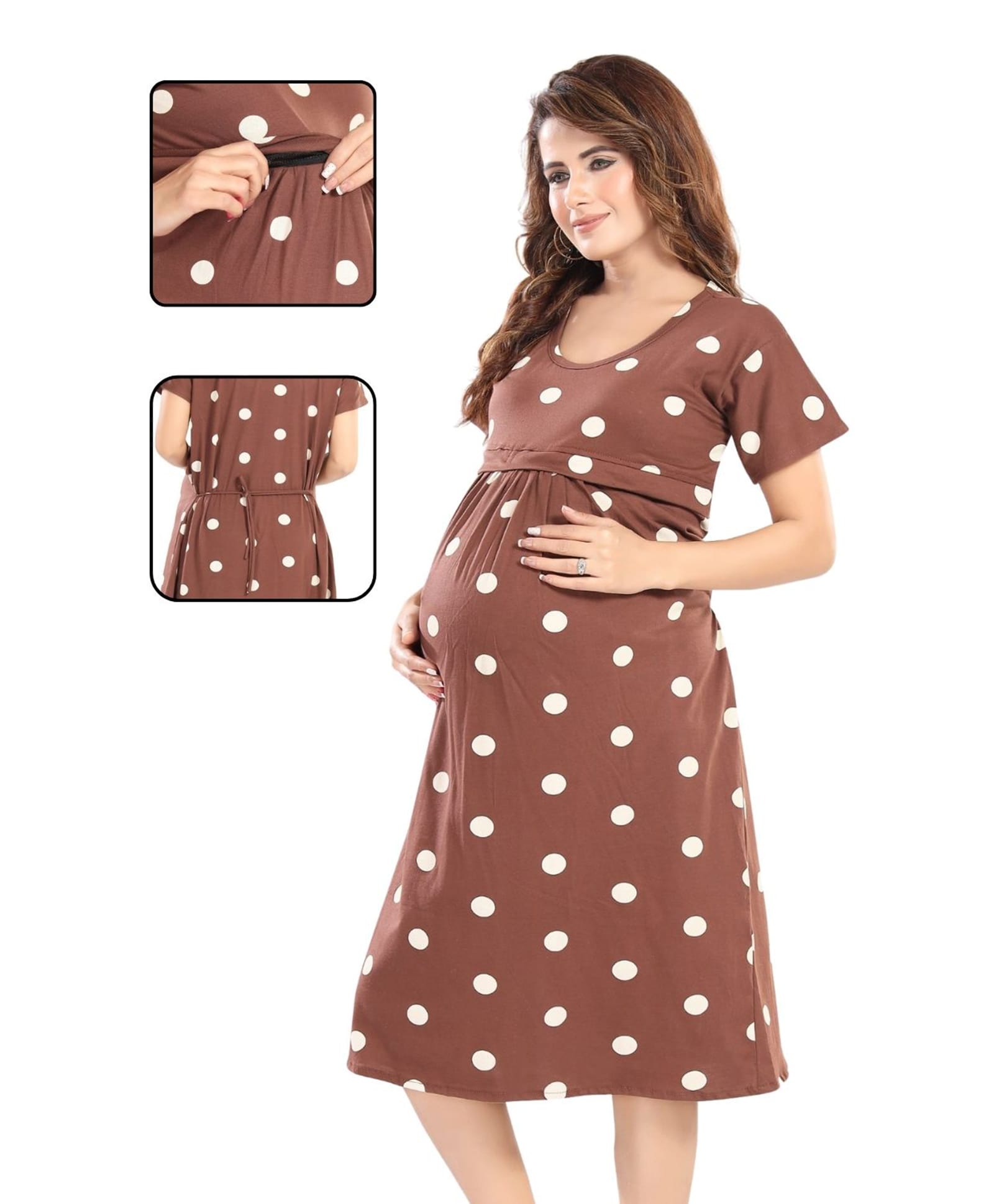 Fabme Pure Cotton Woven Half Sleeves Polka Dots Printed Maternity Nighty With Overlap Zipper Nursing Access - Brown-image-43