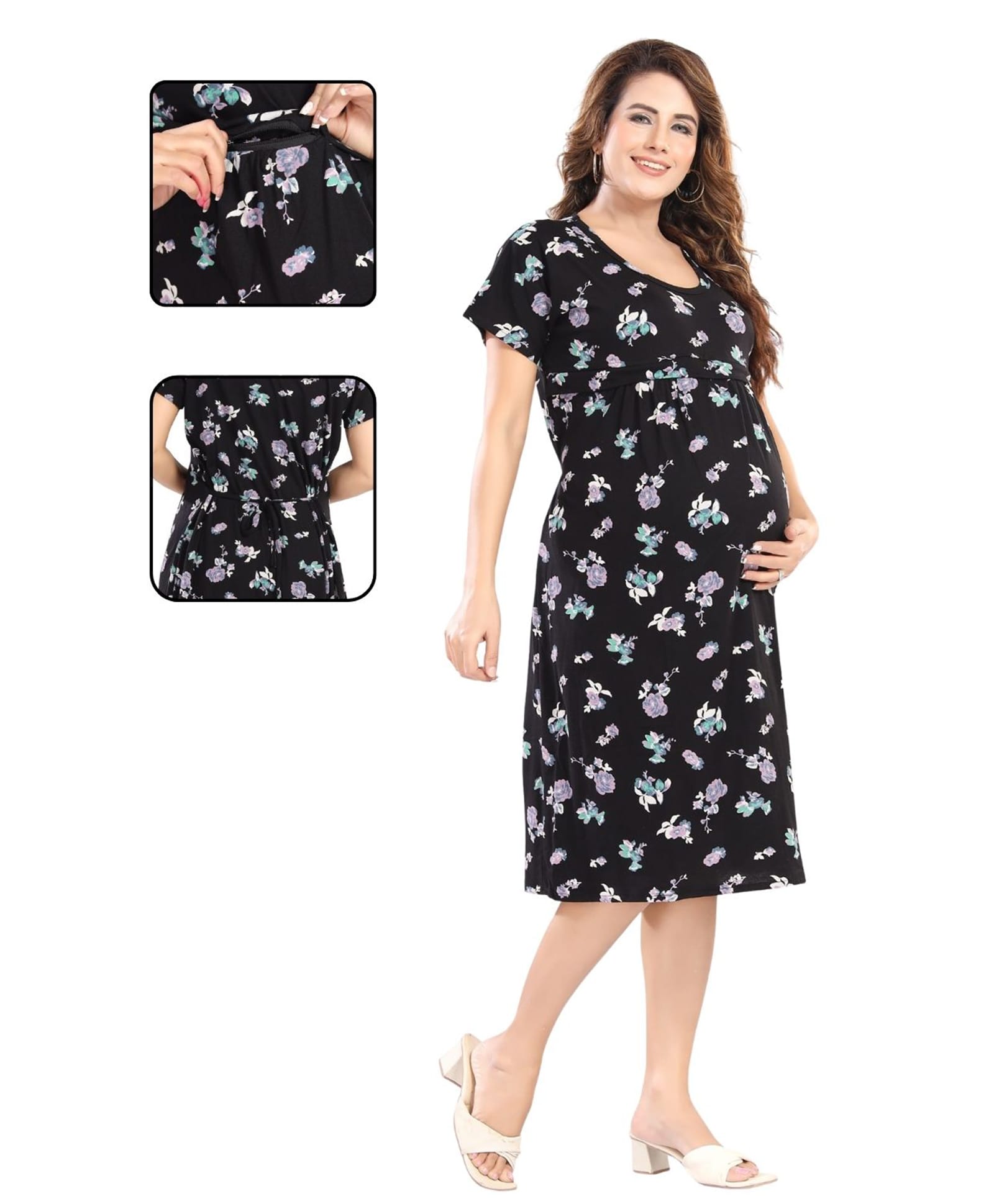 Fabme Pure Cotton Woven Half Sleeves Floral Printed Maternity Nighty With Overlap Zipper Nursing Access - Black-image-48