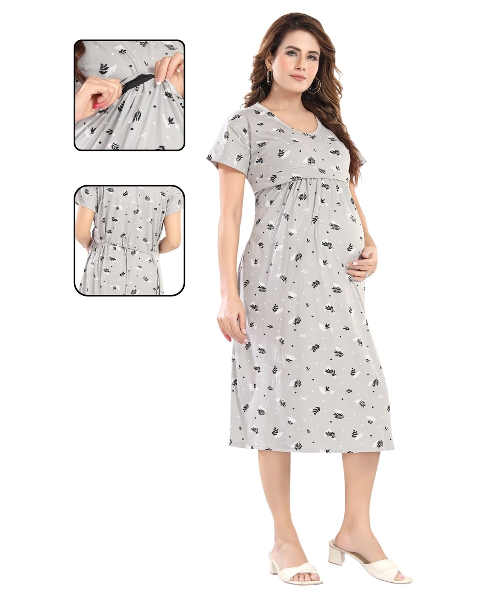 Fabme Pure Cotton Woven Half Sleeves Leaves Printed Maternity Nighty With Overlap Zipper Nursing Access - Light Grey-picture-21