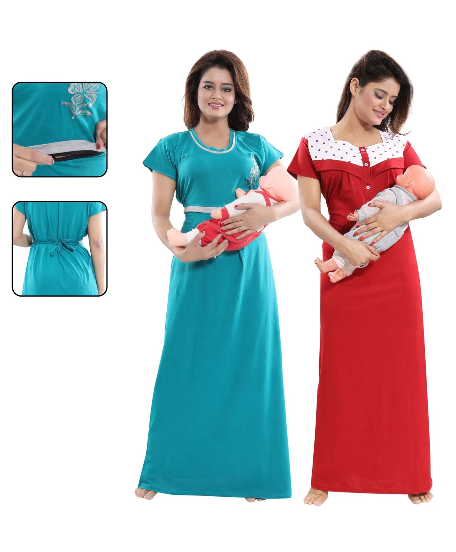 Fabme Cotton Knit Pack Of 2 Half Sleeves Floral Embroidered & Polka Printed Maternity Nighty With Front Open Nursing Access - Sea Green & Maroon-picture-12