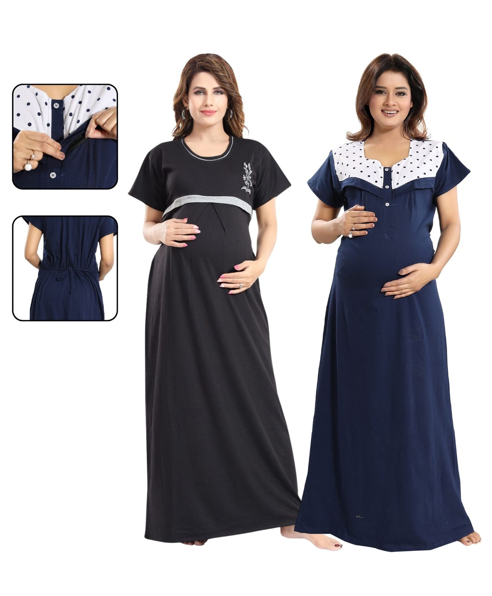 Fabme Cotton Knit Pack Of 2 Half Sleeves Floral Embroidered & Polka Printed Maternity Nighty With Front Open Nursing Access - Black & Navy Blue-picture-23