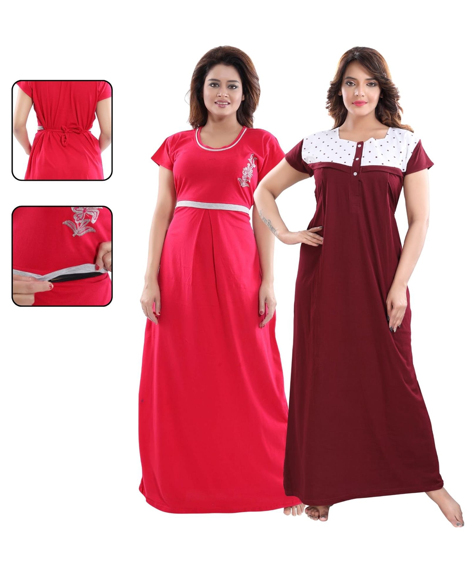 Fabme Cotton Knit Pack Of 2 Half Sleeves Floral Embroidered & Polka Printed Maternity Nighty With Front Open Nursing Access - Dark Pink & Purple-image-34