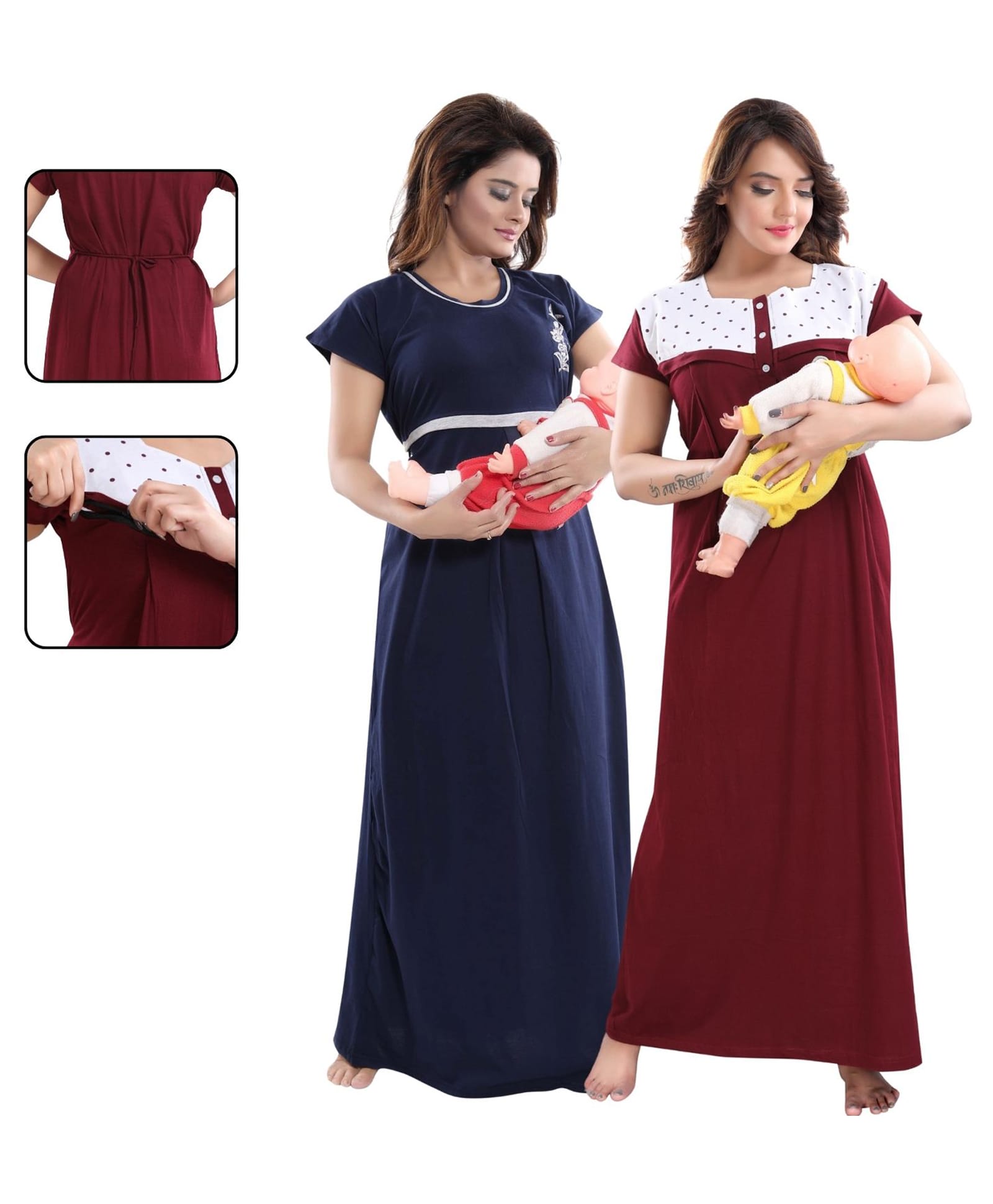 Fabme Cotton Knit Pack Of 2 Half Sleeves Floral Embroidered & Polka Printed Maternity Nighty With Front Open Nursing Access - Navy Blue & Purple-picture-26