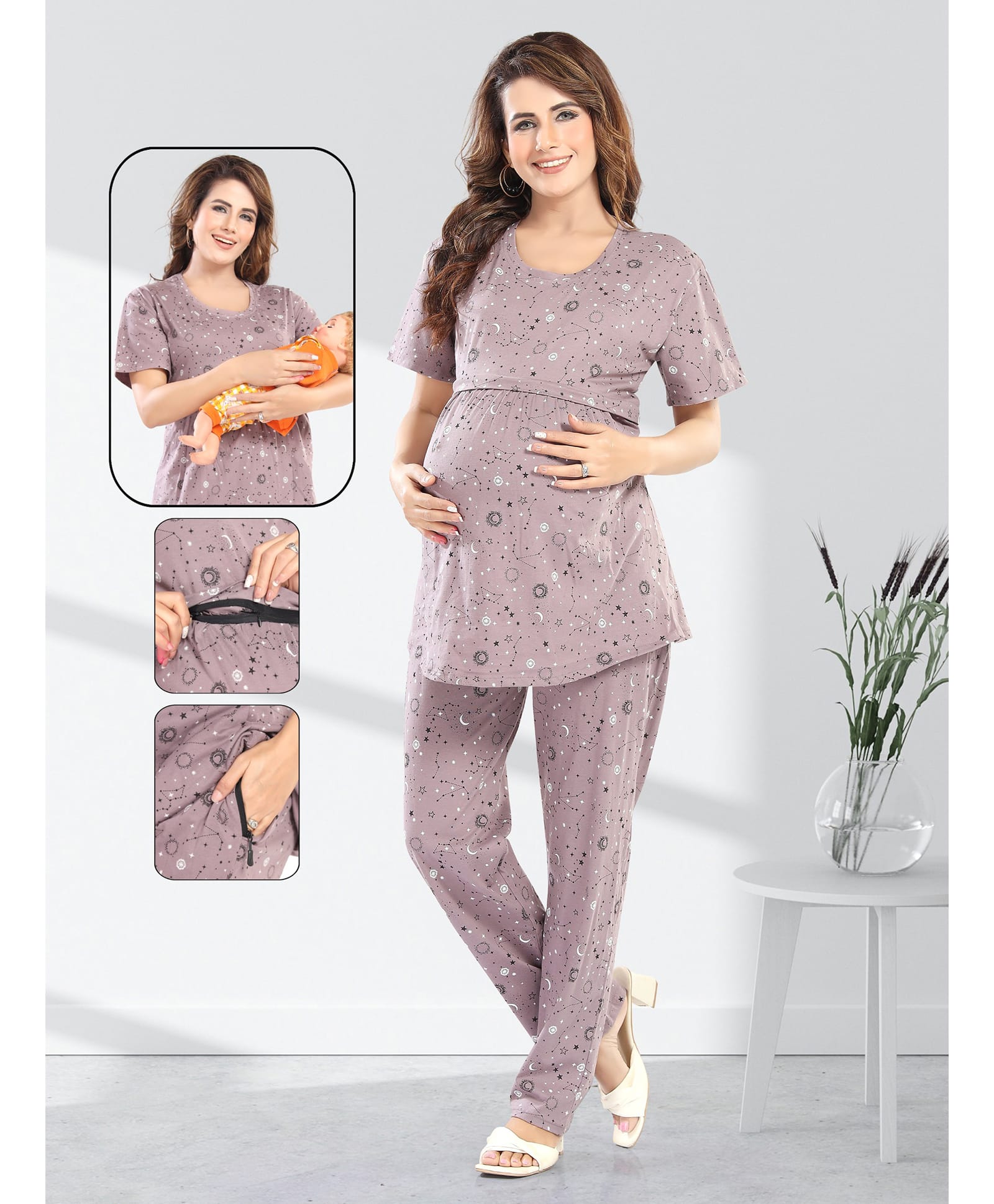 Fabme Pure Cotton Woven Half Sleeves Space Theme Printed Maternity Night Suit Set With Overlap Zipper Nursing Access - Purple Grey-image-34