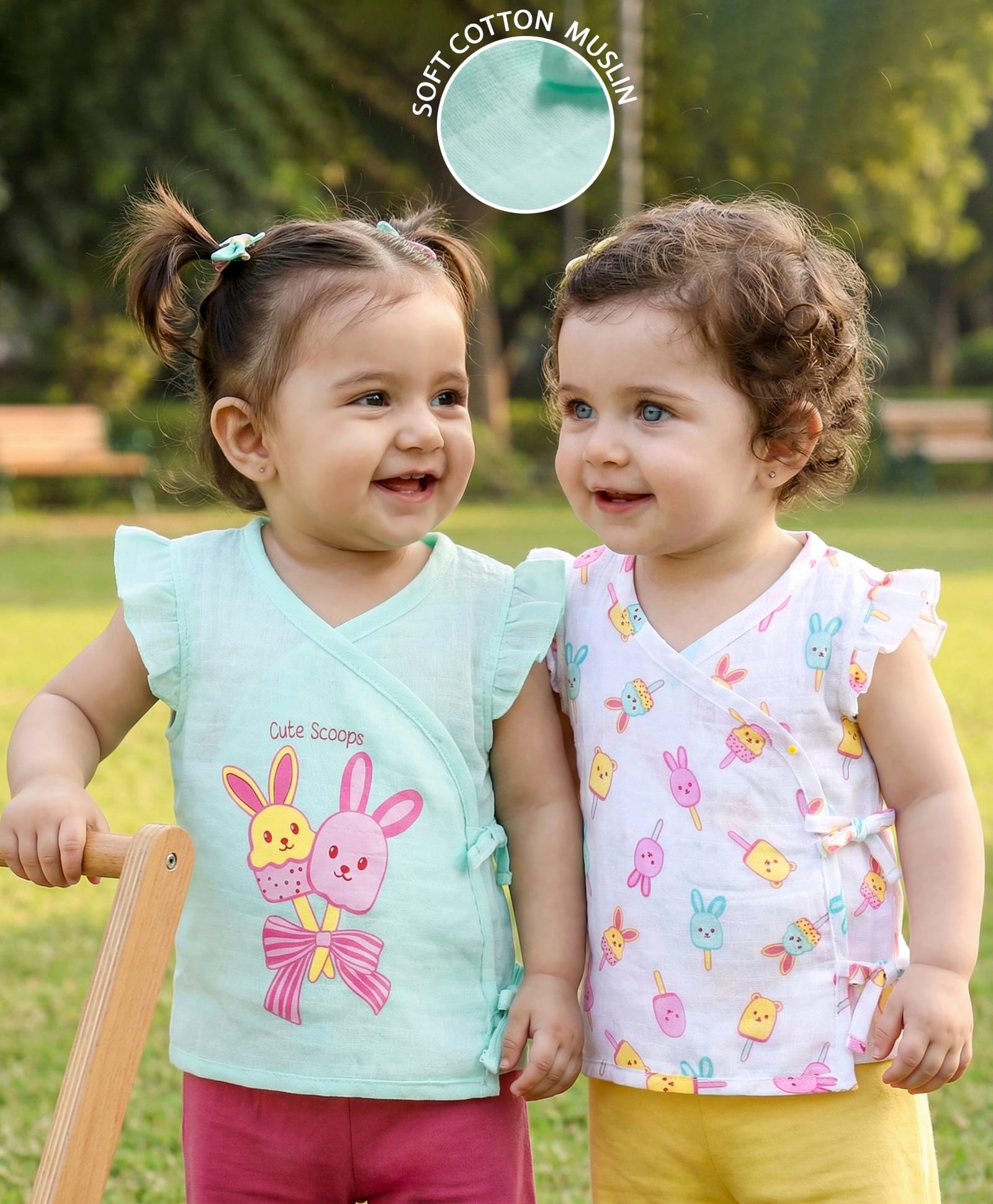 Babyoye 100% Cotton Muslin Woven Frill Sleeves Jhablas With Animal Print Pack Of 2 - White & Mint-image-35