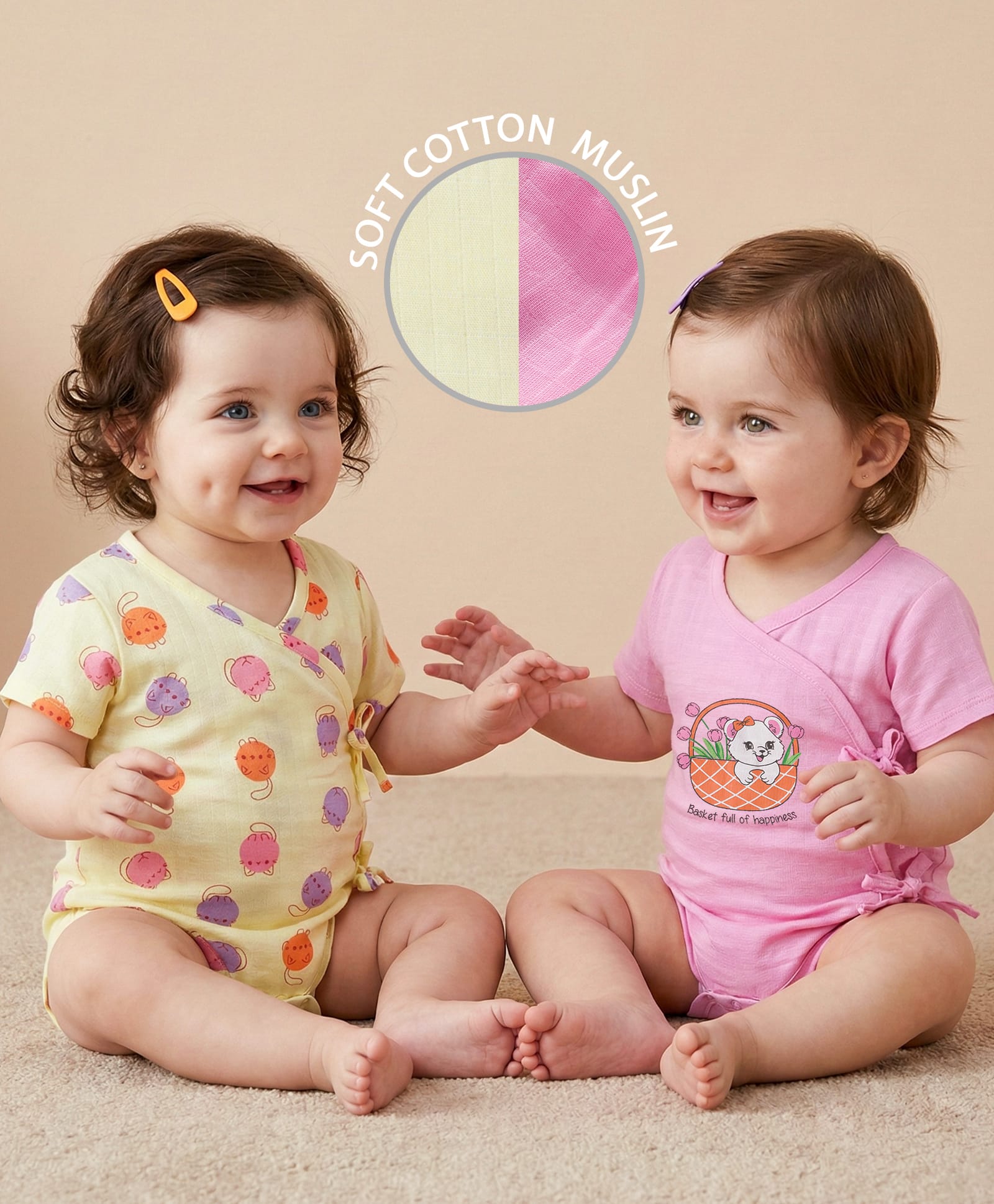 Babyoye 100% Cotton Woven With Eco Jiva Finish Half Sleeves Kitty Printed Onesies Packof 2 - Yellow & Pink-picture-14