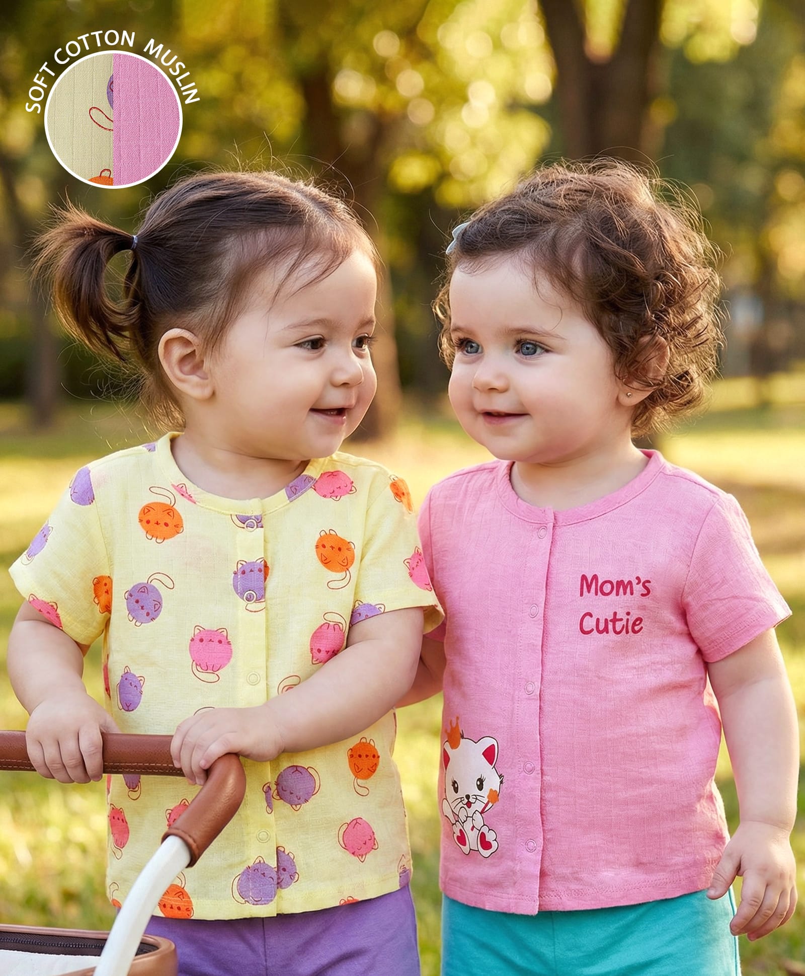Babyoye 100% Cotton Woven With Eco Jiva Finish Kitty Printed Half Sleeves Jhablas Pack of 2 - Pink & Yellow-image-48