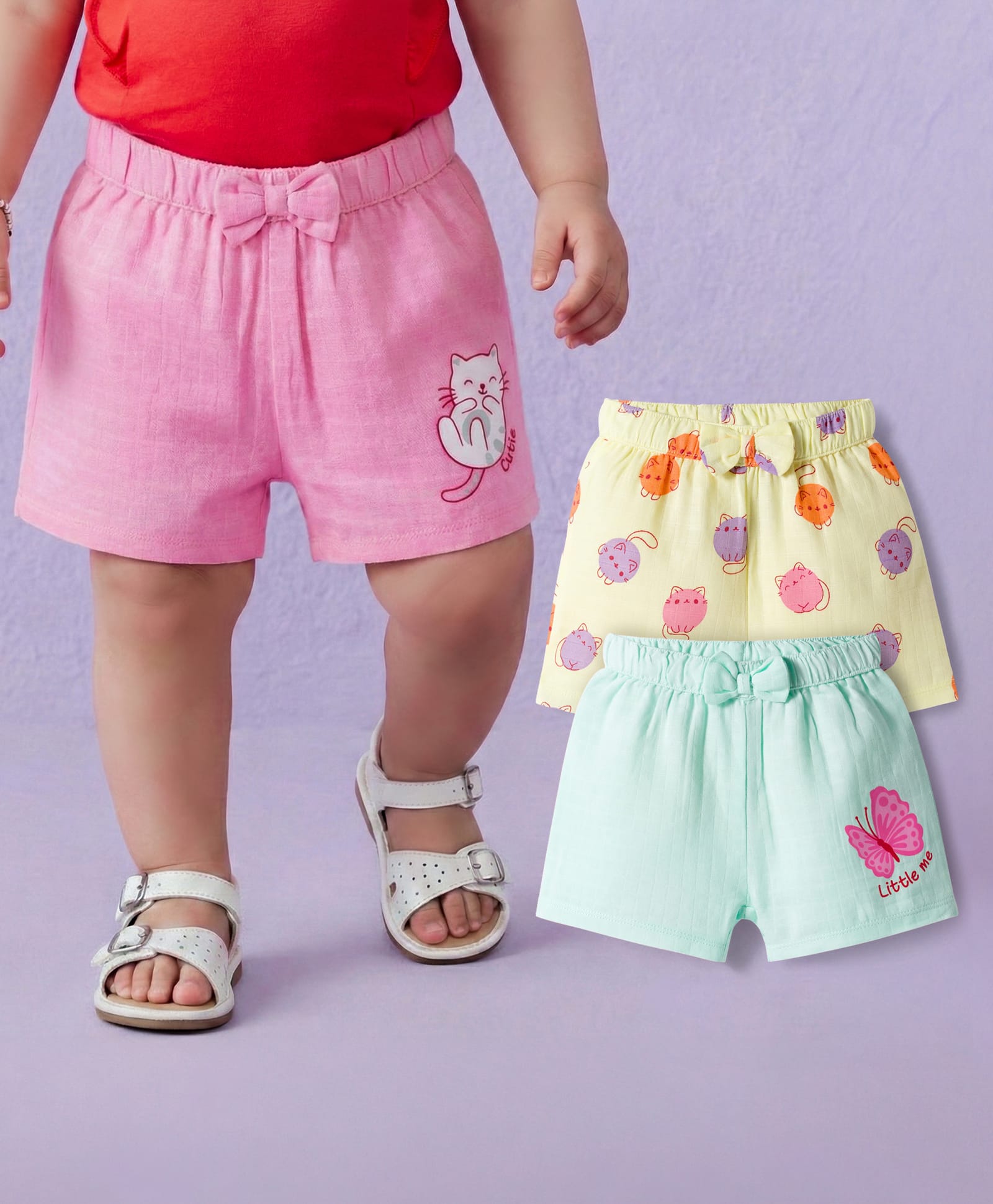 Babyoye Muslin Woven Shorts With Animal Print Pack Of 3 - Pink Light Blue & Yellow-picture-26