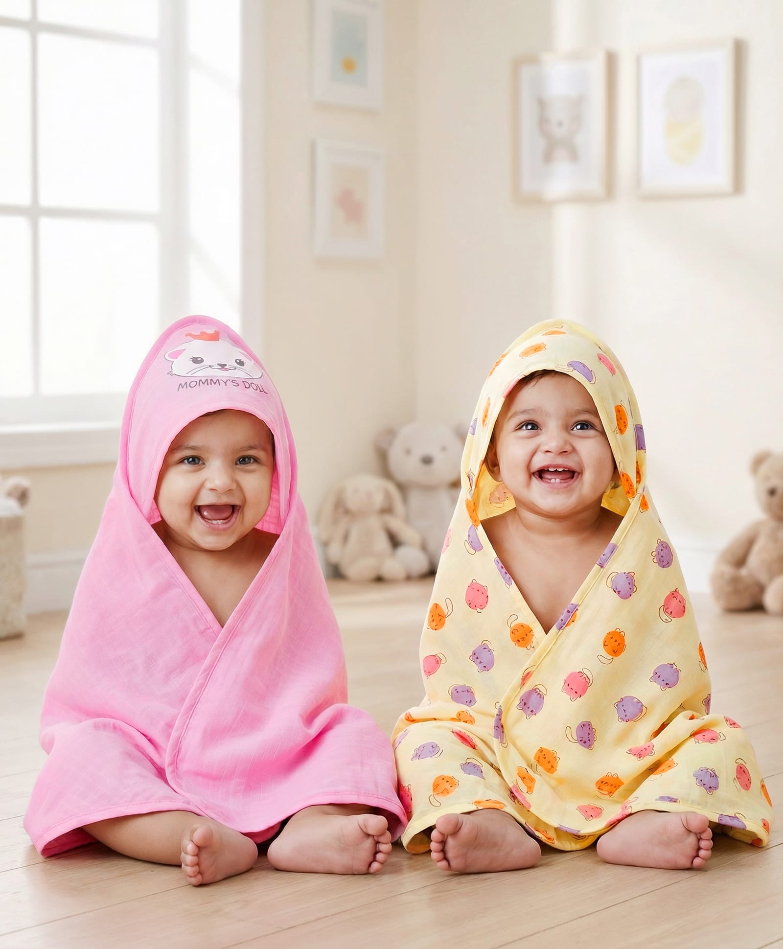 Babyoye 100% Cotton Muslin Knit Hooded Wrapper With Eco Jiva Finish & Cat Print Pack Of 2 L 80 x B 80 cm - Pink & Yellow-image-49