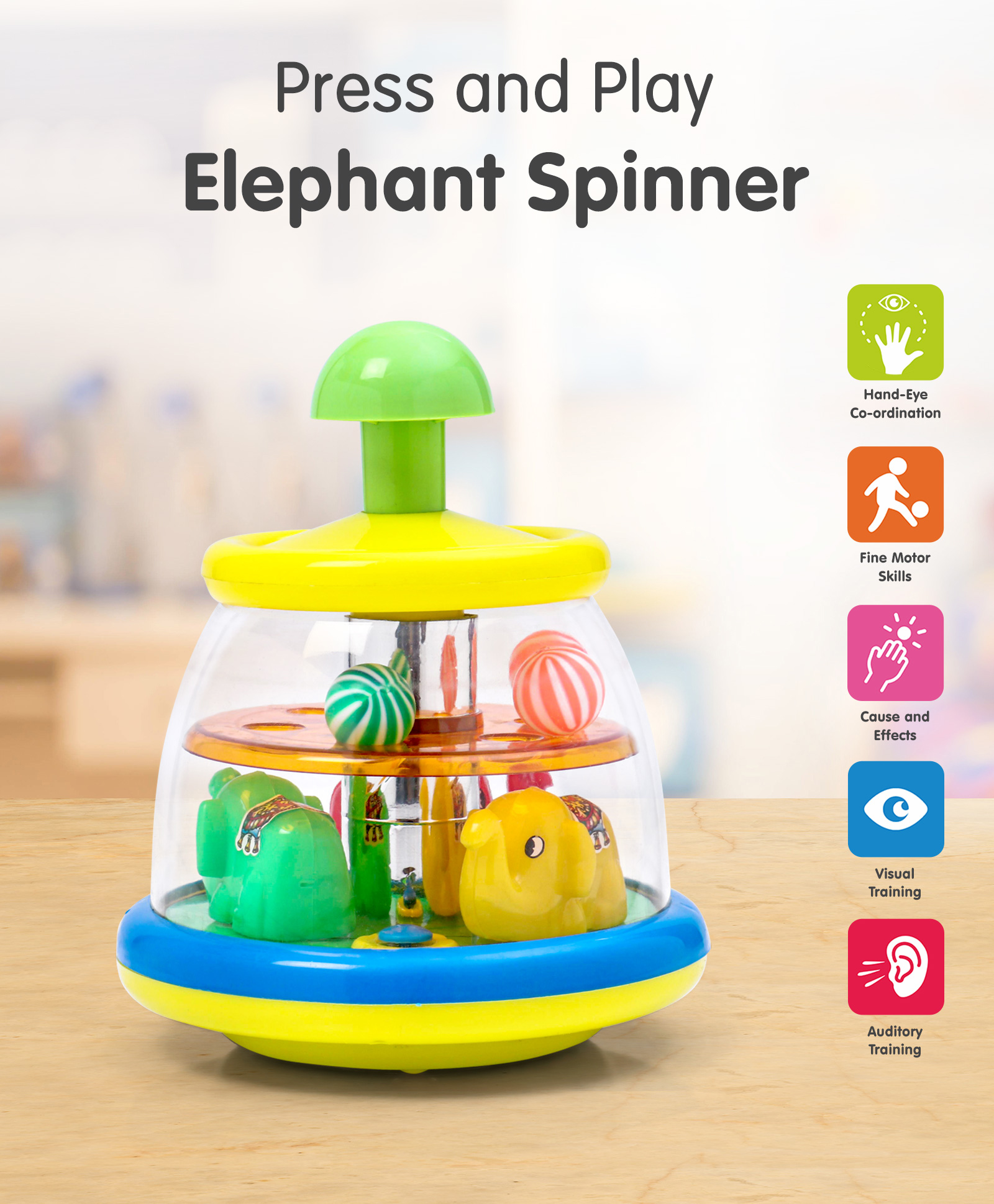 fab n funky Press & Play Top Spinner Toy Elephant Theme - Colour May Vary-picture-26