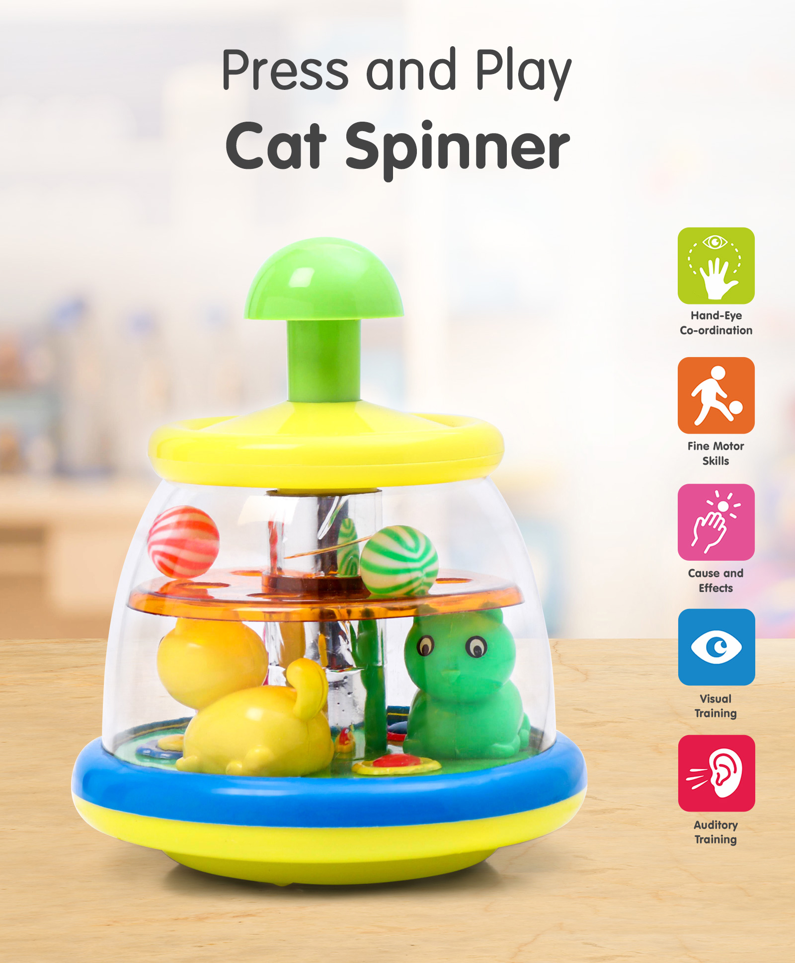 Press & Play Top Spinner Toy Cat themed Rotating Toy for Babies & Toddlers - Color may vary| Hand Eye Coordination| Vibrant Colors| No Sharp Edges| Gifting Option for 1 Year Old Boys & Girls-image-27