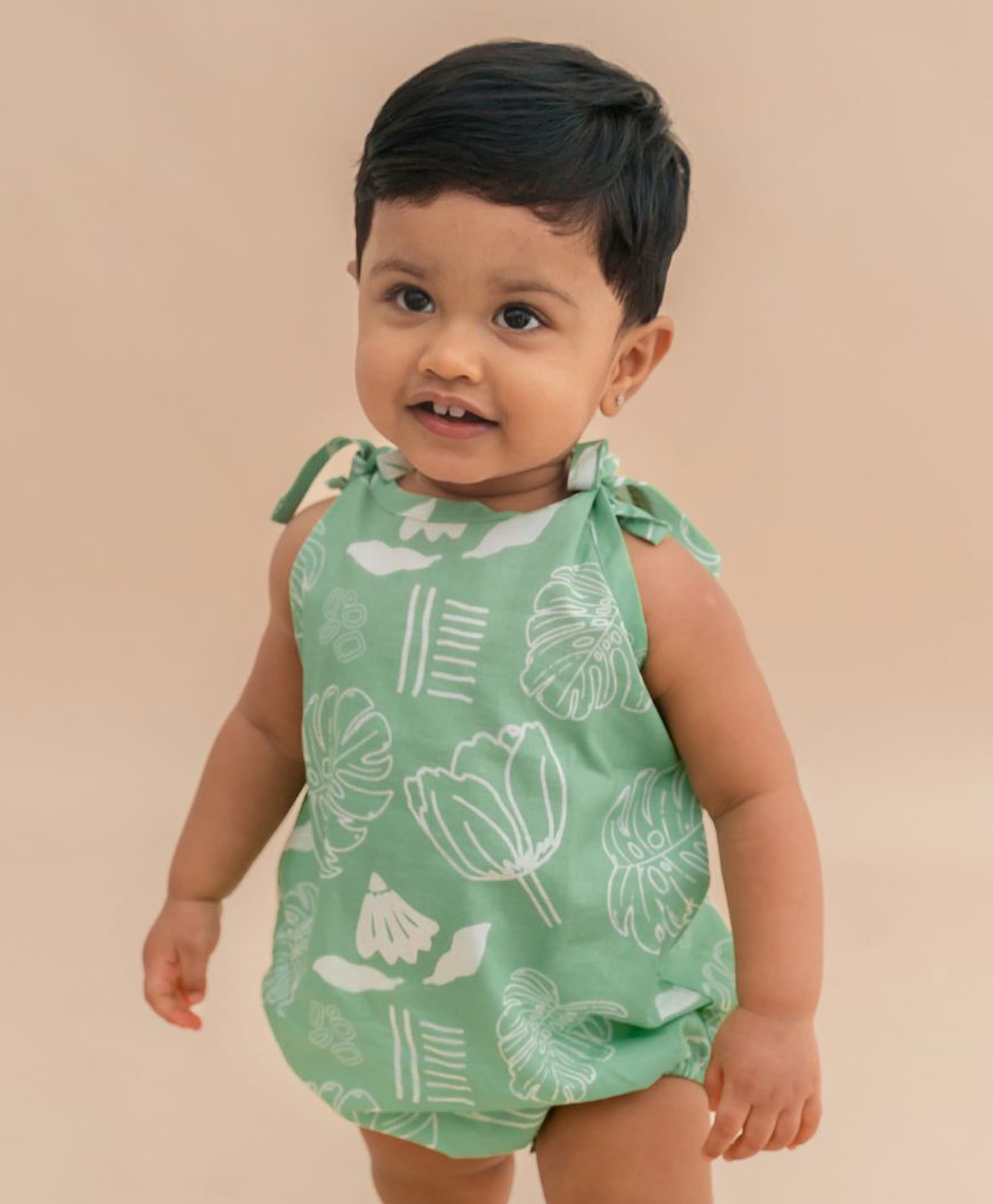 A Toddler Thing Mulmul Cotton Knit Sleeveless Floral Printed Romper - Green-image-6