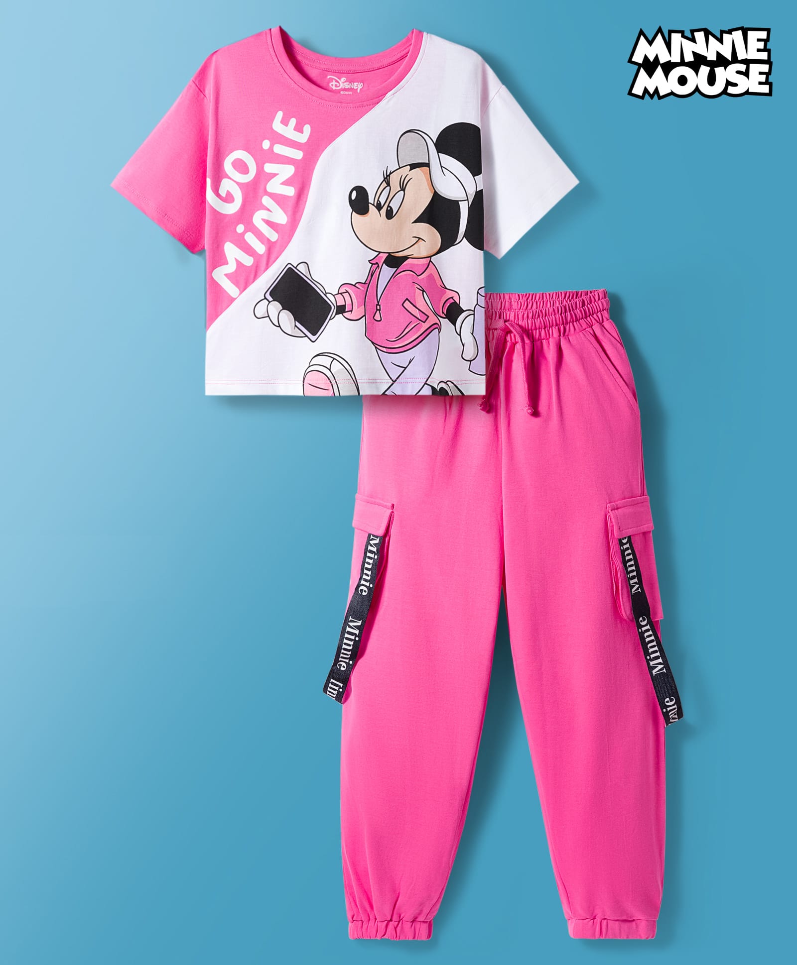 Pine Kids Disney Single Jersey Knit Drop Shoulder Half Sleeves Cut & Sew T-Shirt with Joggers Set With Minnie Mouse Graphics - Pink & White-picture-33