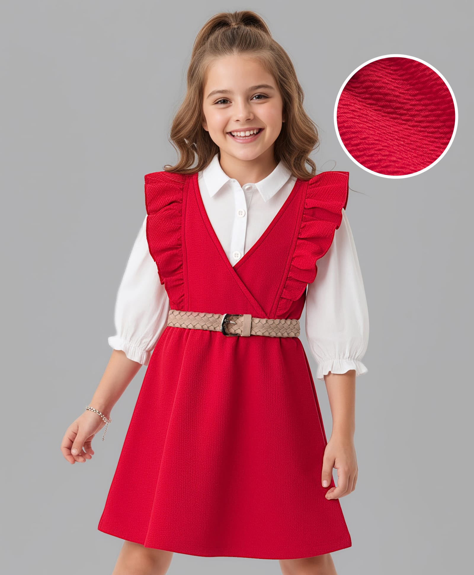 Hola Bonita Knit Solid Dress & Full Sleeves Inner Tee With Belt - Red & White-image-29