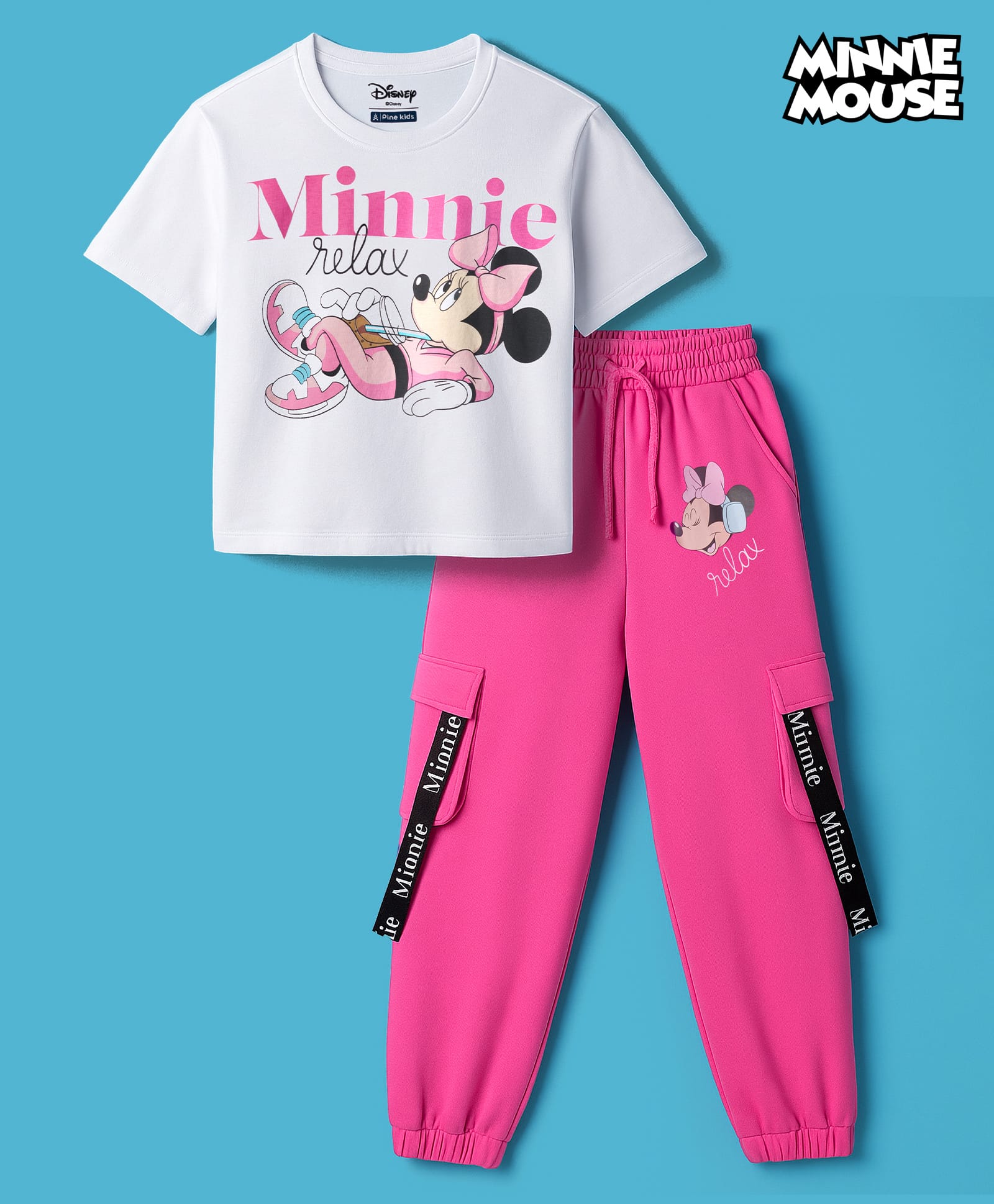 Pine Kids Disney Single Jersey Knit Drop Shoulder Half Sleeves Crop Top & Joggers Set With Minnie Mouse Graphics - White & Pink-picture-32