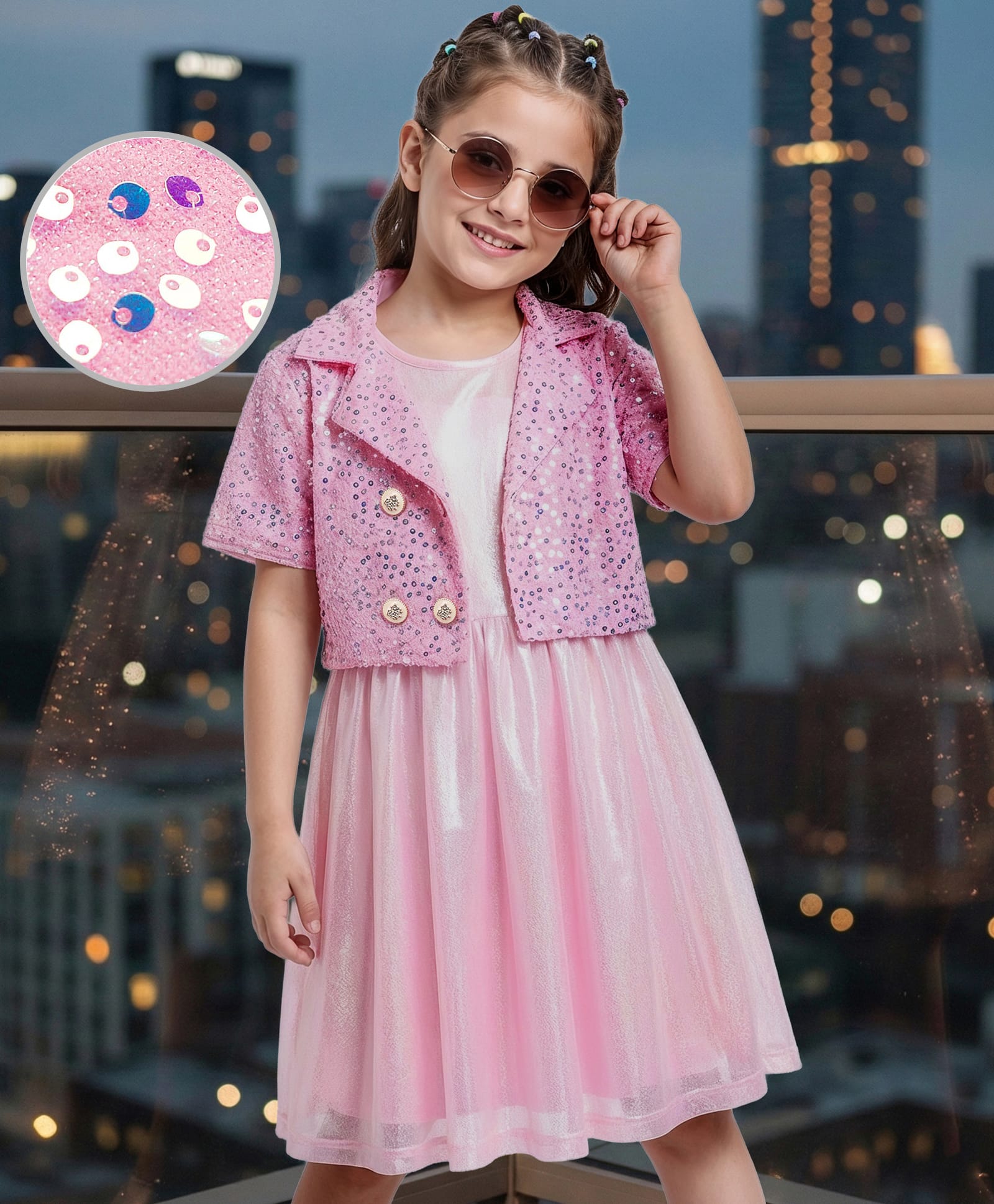 Hola Bonita Knit Half Sleeves Sequin Jacket With Shimmer Party Dress- Pink-image-12