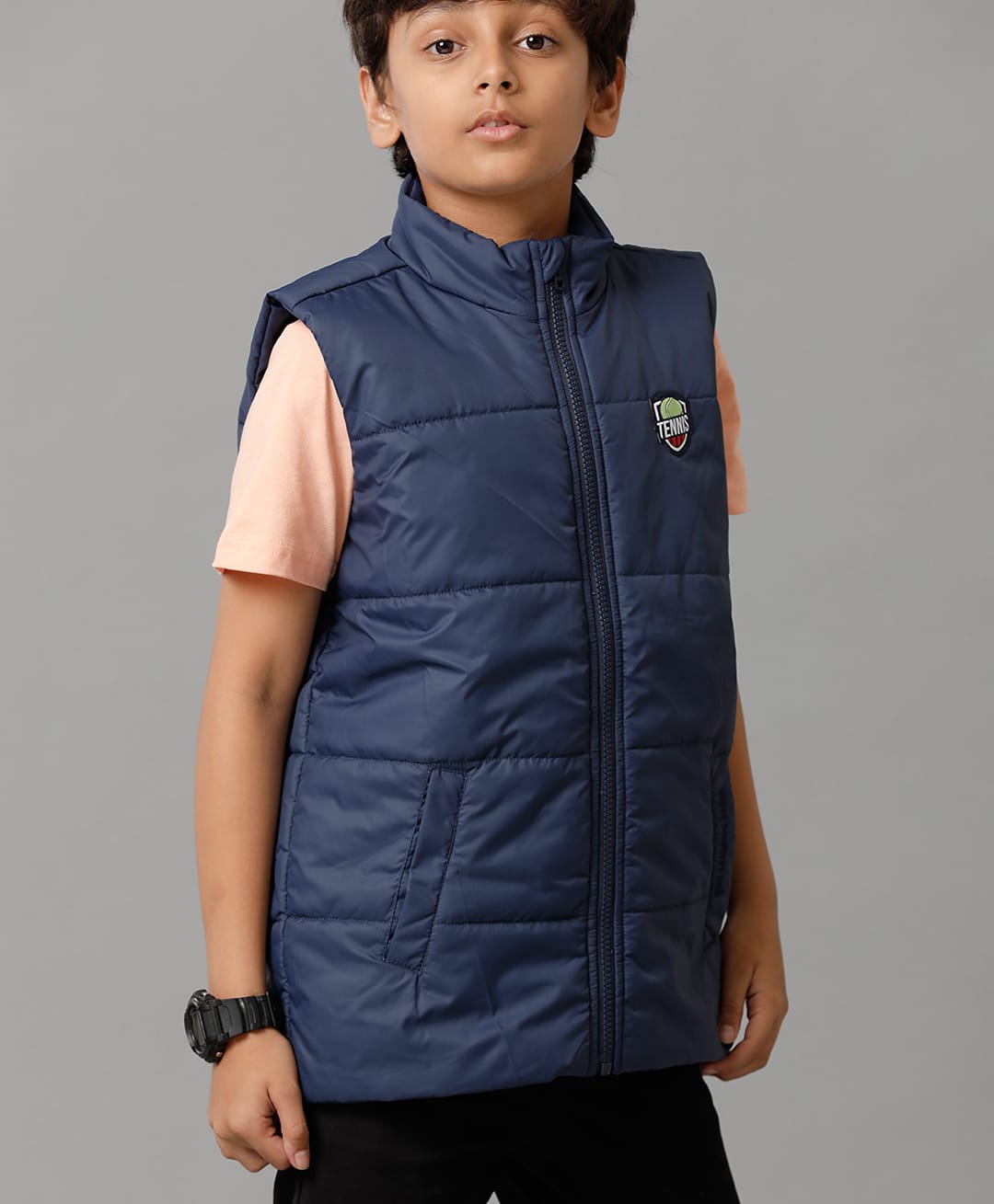 Under Fourteen Only Sleeveless Tennis Ball Patch Detailed Padded Light Winter Jacket - Navy Blue-image-41