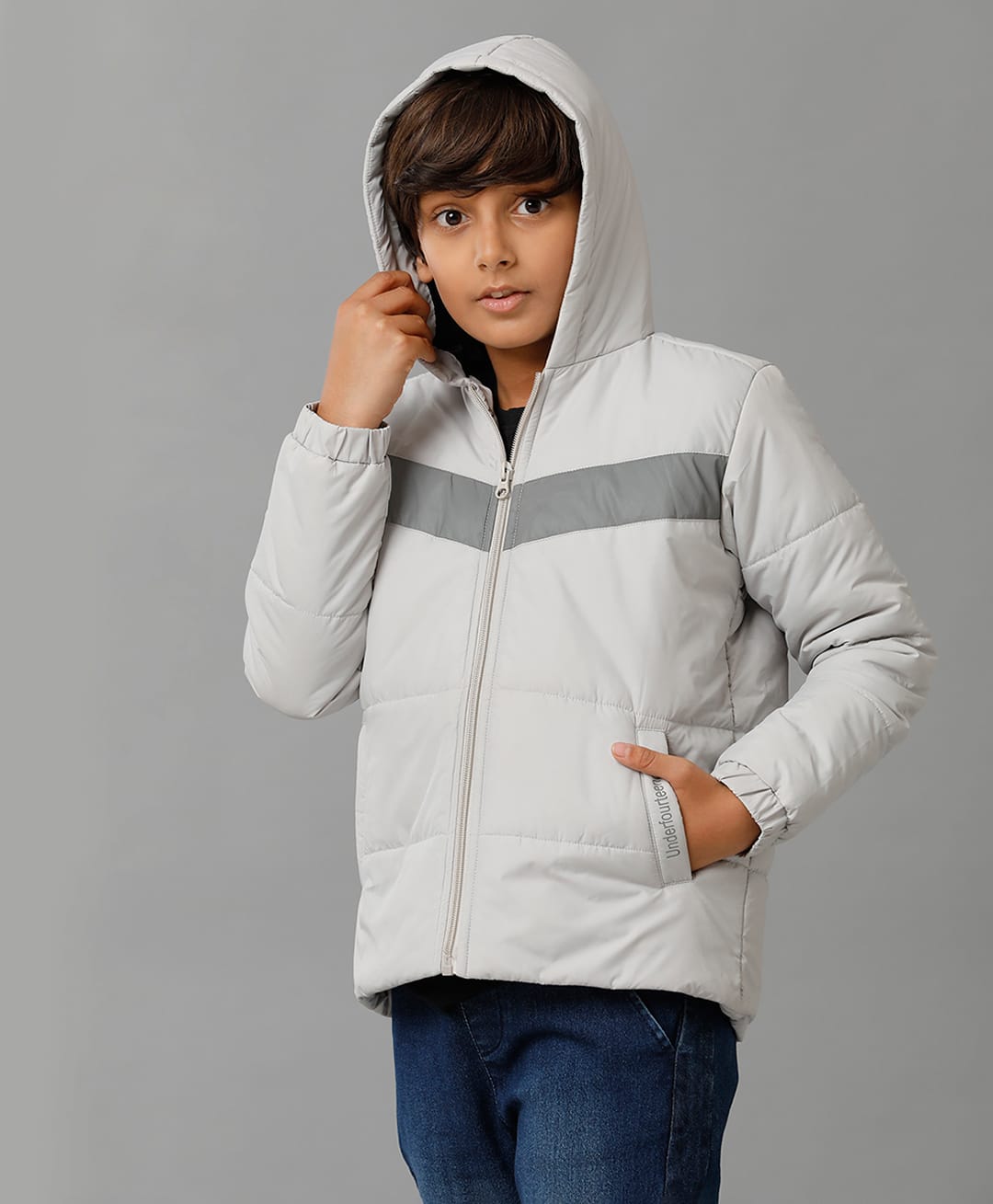 Under Fourteen Only Full Sleeves Colour Blocked Padded Light Winter Hooded Jacket - Grey-image-16