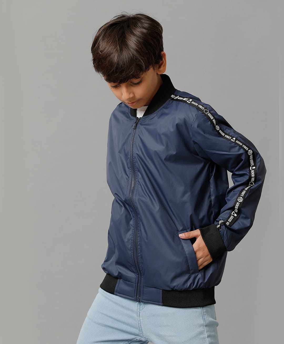 Under Fourteen Only Full Sleeves Side Tape Detailed Jacket - Navy Blue-image-12