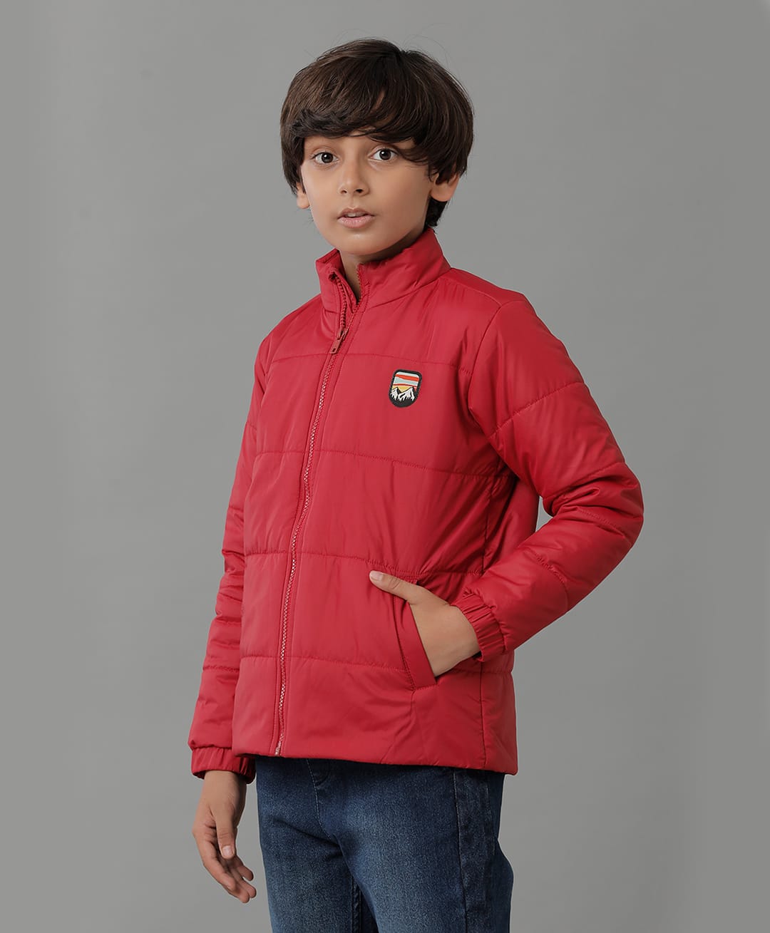 Under Fourteen Only Full Sleeves Mountainscape Patch Detailed Padded Light Winter Jacket - Red-picture-25