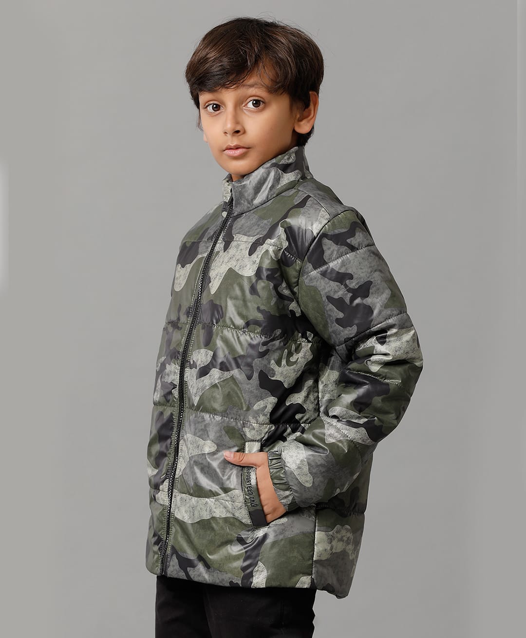 Under Fourteen Only Full Sleeves Camouflage Printed Padded Light Winter Jacket - Green Camouflage-image-1