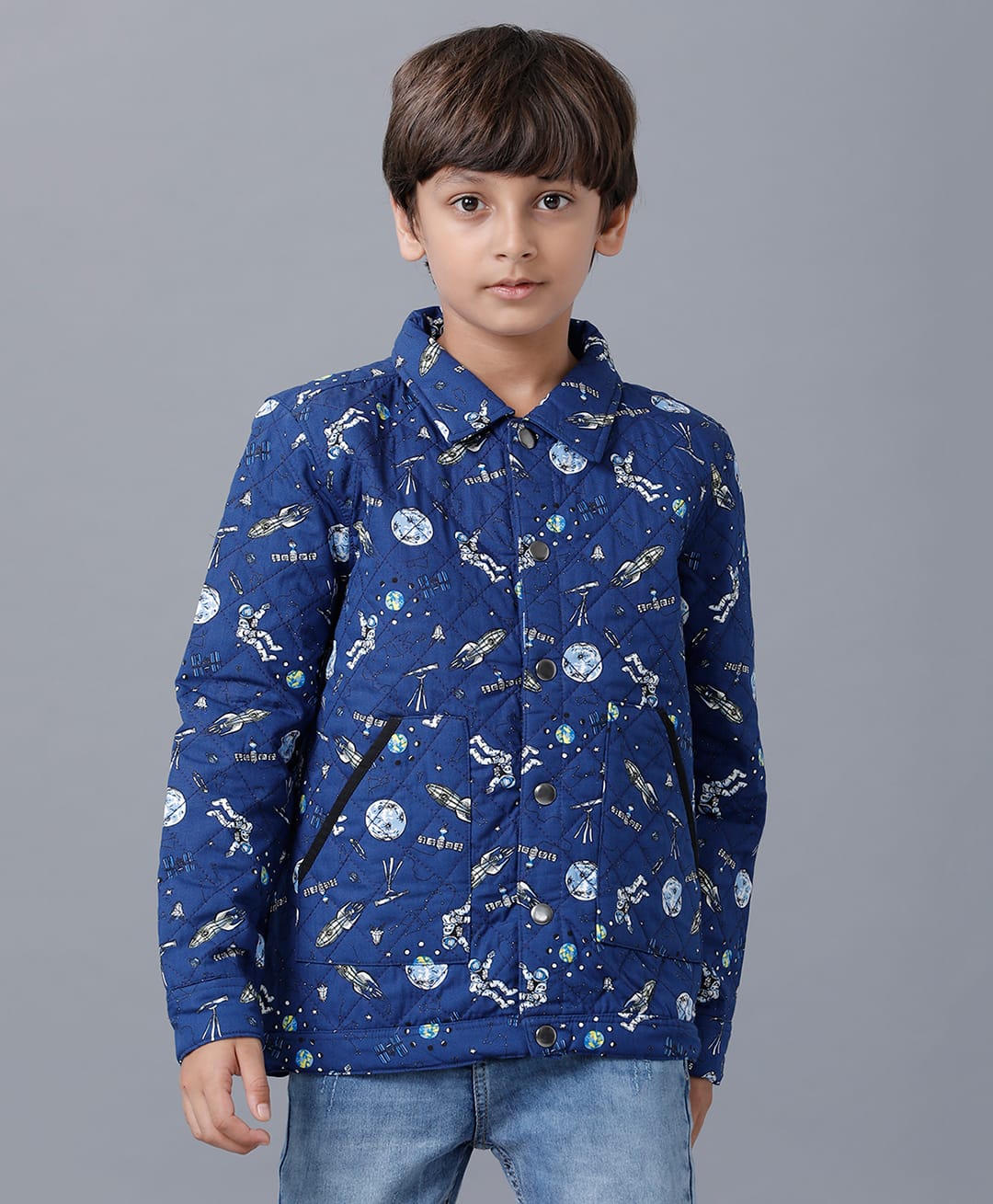 Under Fourteen Only Full Sleeves Space Theme Printed Quilted Light Winter Jacket - Navy Blue-picture-31