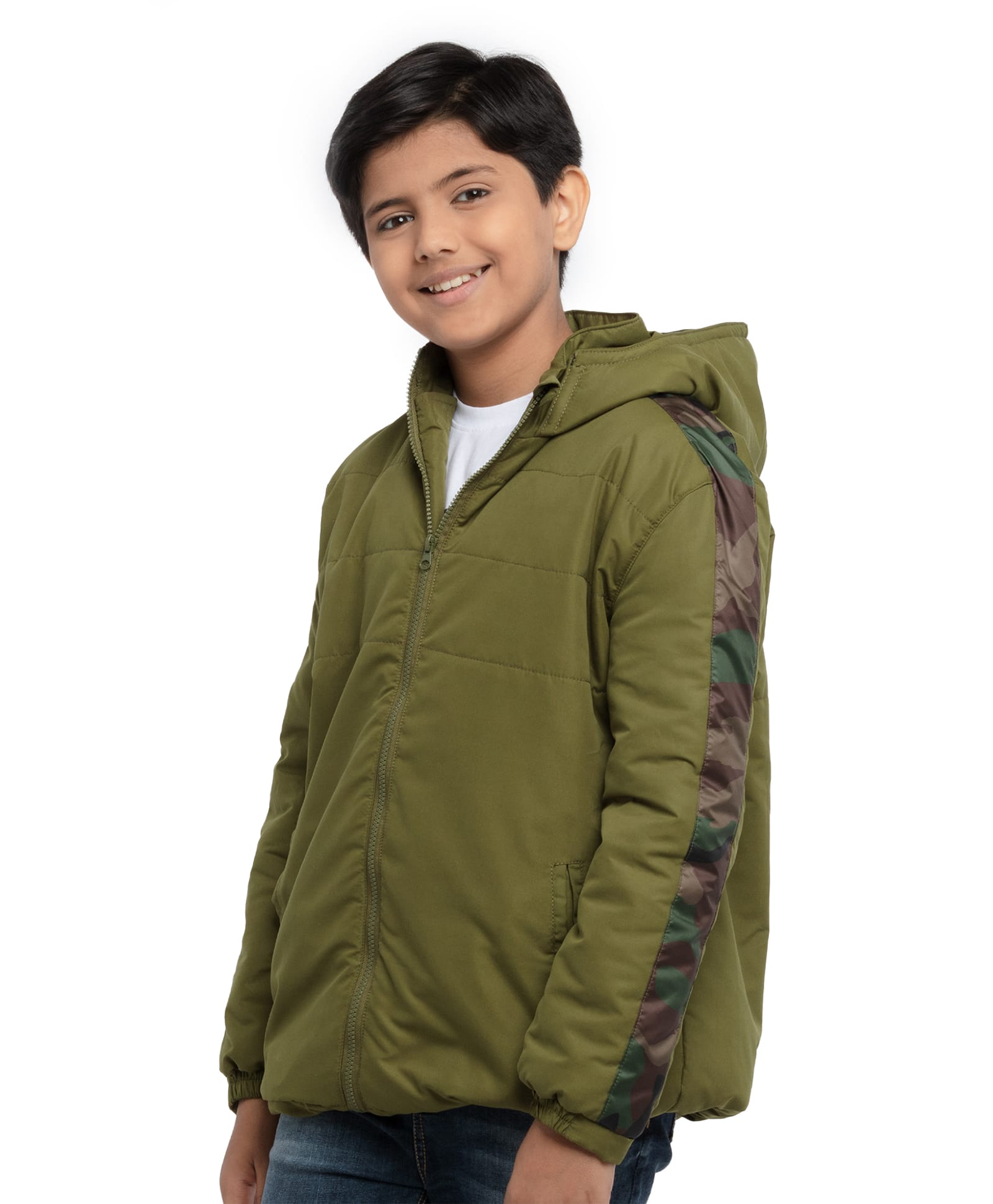 Under Fourteen Only Full Sleeves Camouflage Printed Inner Lining Detailed Light Winter Hooded Jacket - Green-picture-37