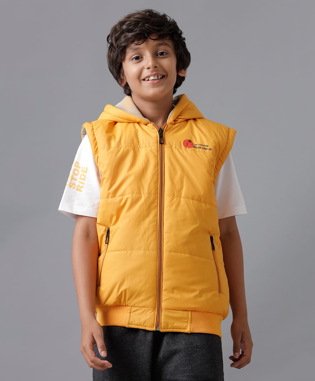 Under Fourteen Only Sleeveless Typography Printed Reversible Padded Light Winter Hooded Jacket - Yellow-picture-27