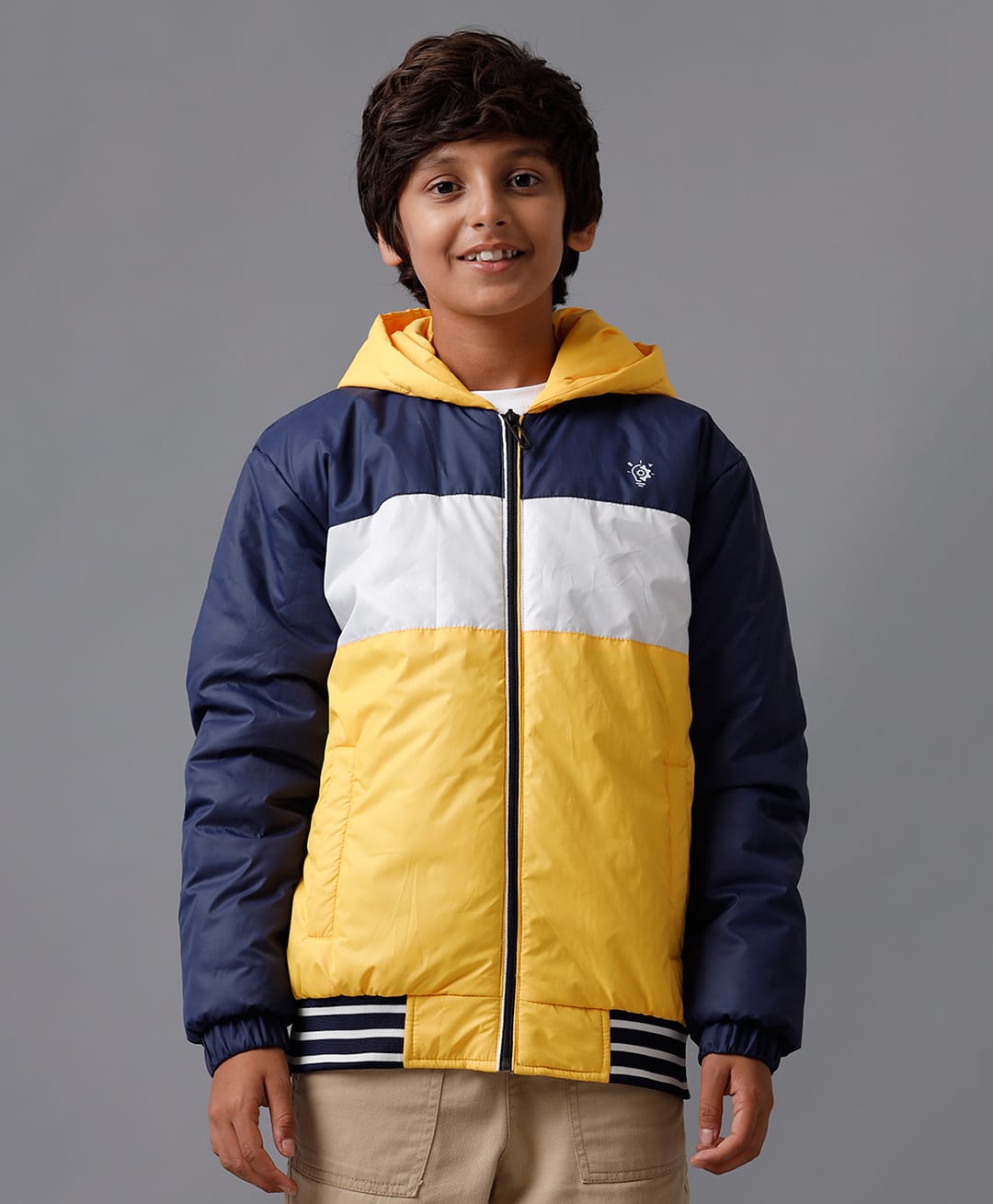 Under Fourteen Only Full Sleeves Colour Blocked Abstract Printed Light Winter Hooded Jacket - Navy Blue-image-42